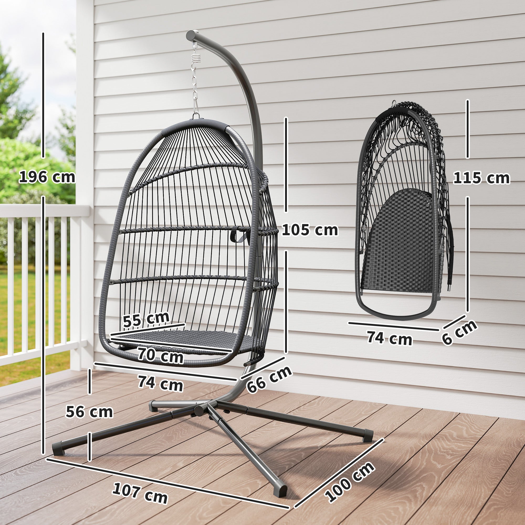 Egg Hanging Chair with Stand — Foldable PE Rattan Swing with UV-Resistant Cushion and Removable Headrest for Indoor & Outdoor, 331 lb Capacity, Dark Gray