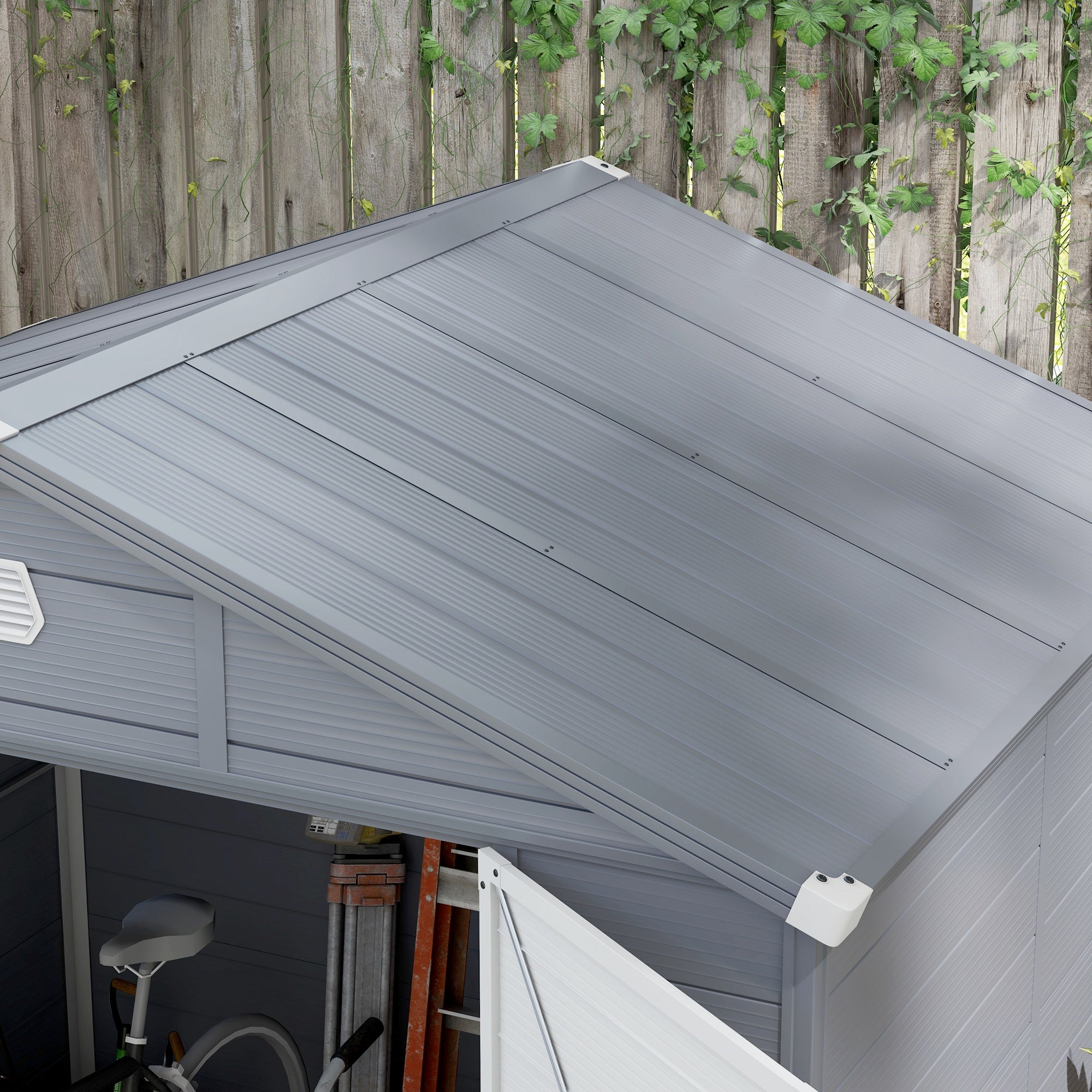 Tool Shed 4.1m³, Garden Shed with Gable Roof, 240 x 190 x 180/228 cm, Tool Shed with Lockable Door, Window, Bicycle Garage, Garden Cabinet for Backyard, Garden, Gray