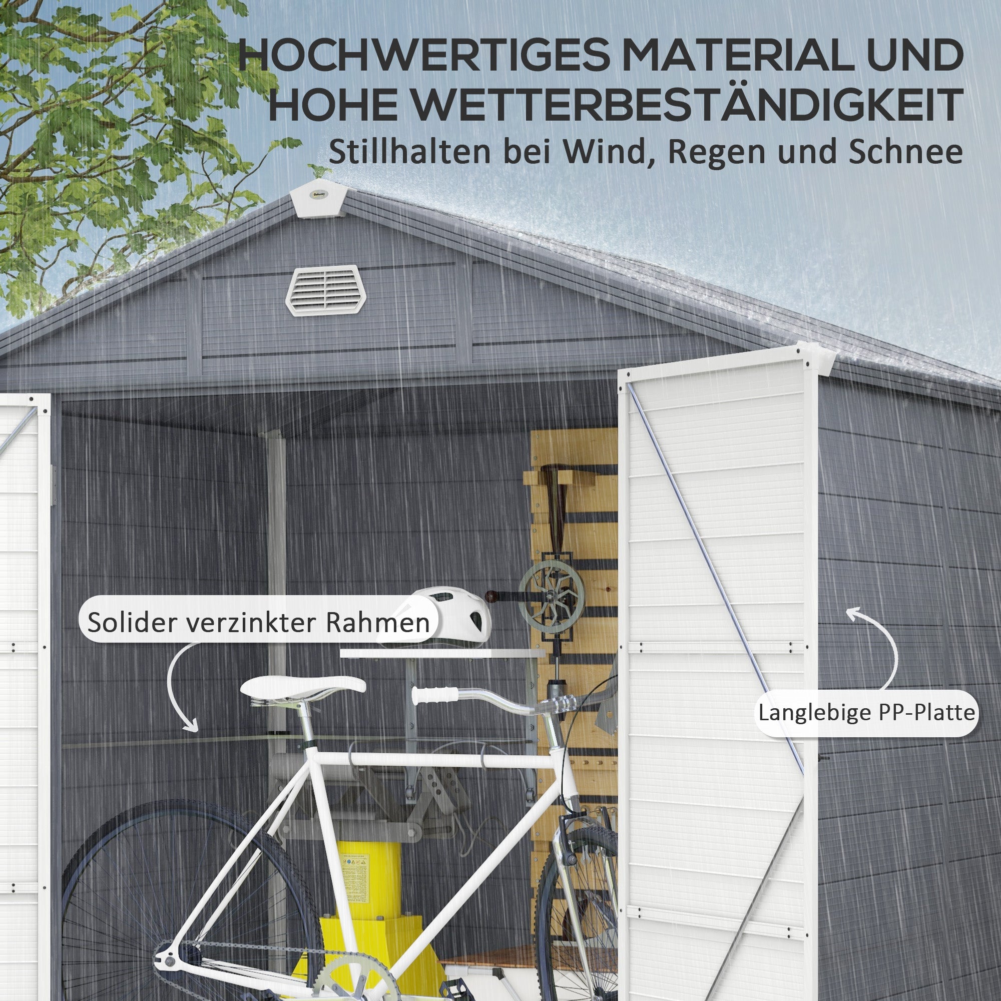 Tool Shed 4.1m³, Garden Shed with Gable Roof, 240 x 190 x 180/228 cm, Tool Shed with Lockable Door, Window, Bicycle Garage, Garden Cabinet for Backyard, Garden, Gray