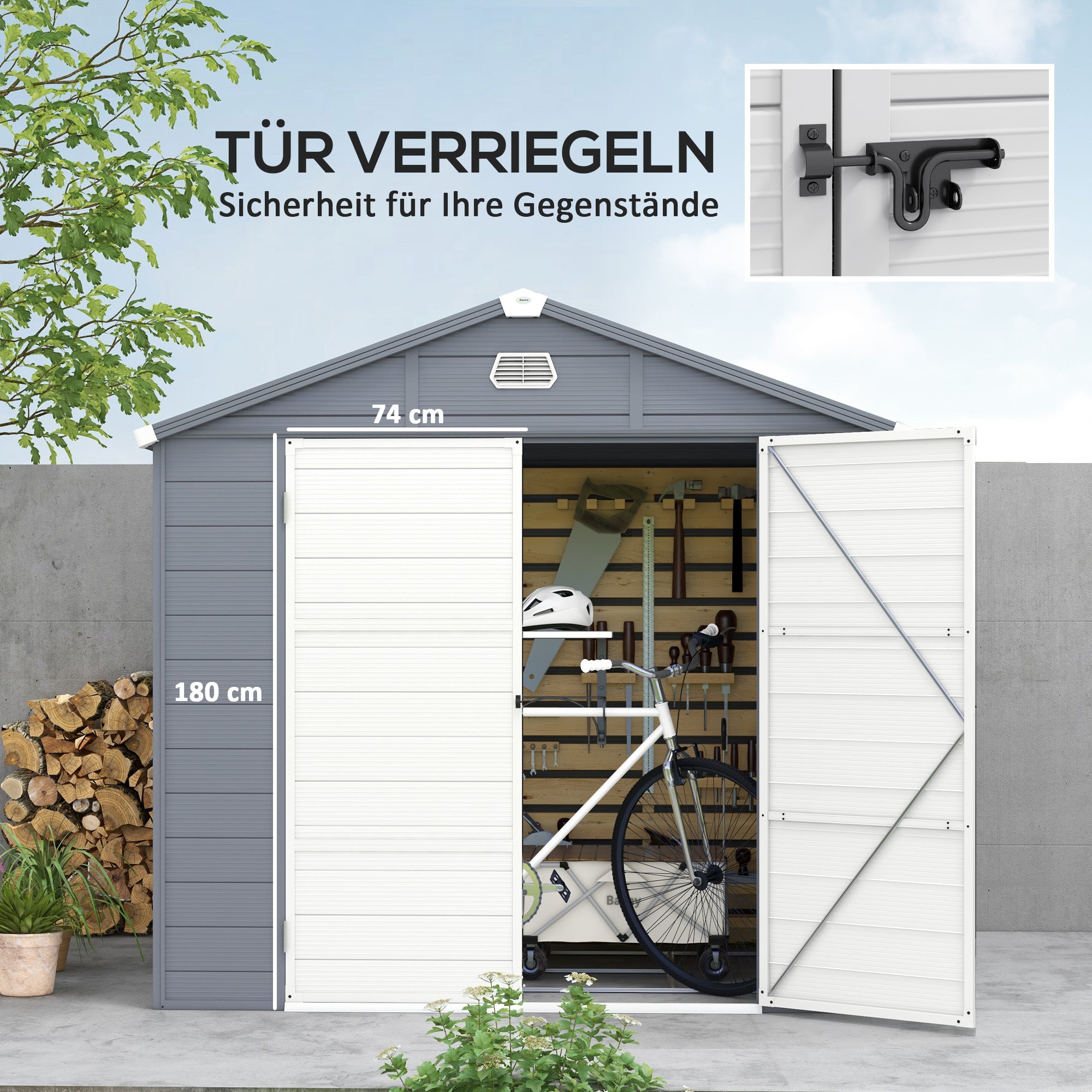 Tool Shed 4.1m³, Garden Shed with Gable Roof, 240 x 190 x 180/228 cm, Tool Shed with Lockable Door, Window, Bicycle Garage, Garden Cabinet for Backyard, Garden, Gray