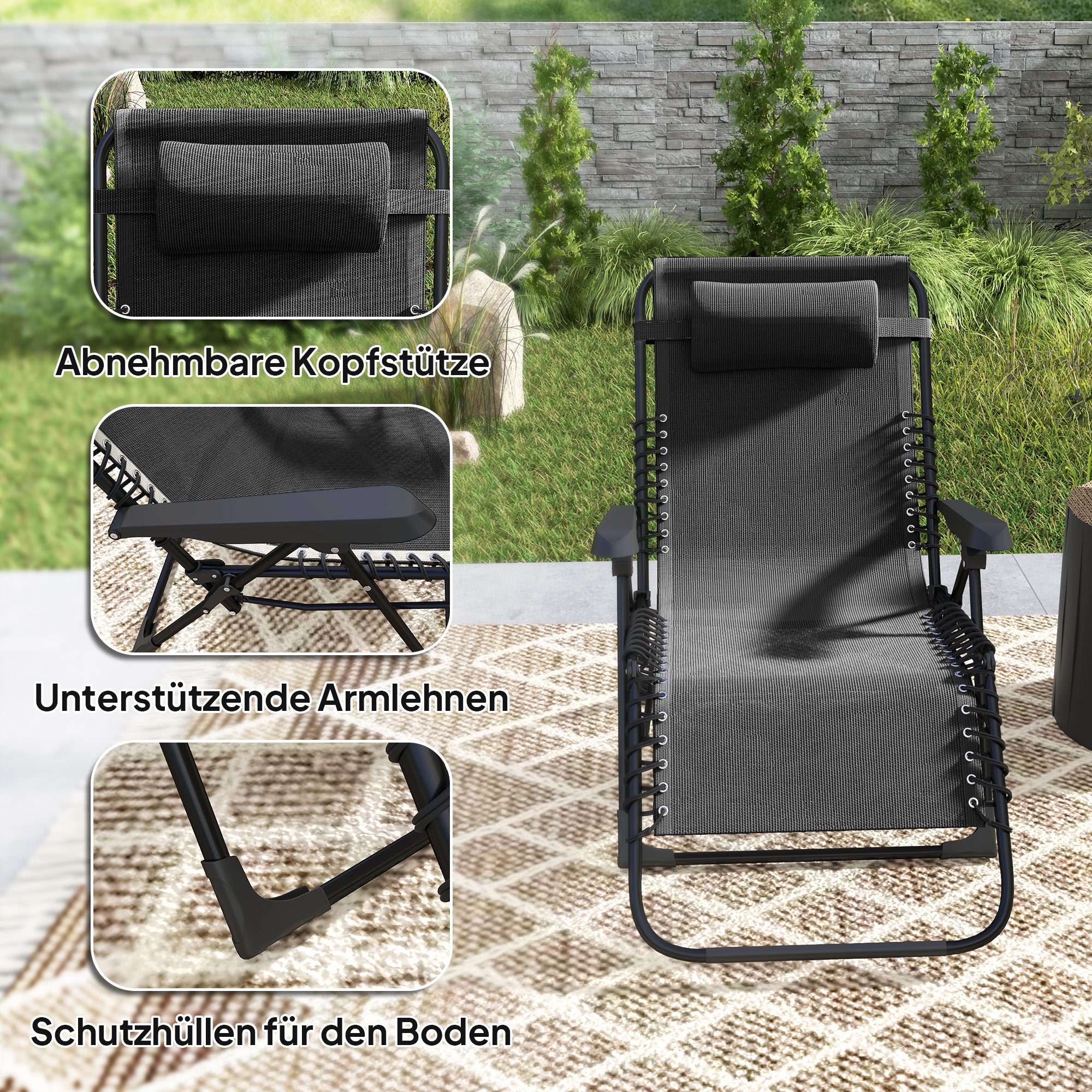 Folding Sun Bed Garden Bed with Headrest, Recliner with 5-Position Adjustable Backrest, Weatherproof Camping Bed, Garden Chair up to 120 kg Capacity, for Garden Outdoor Beach, Black