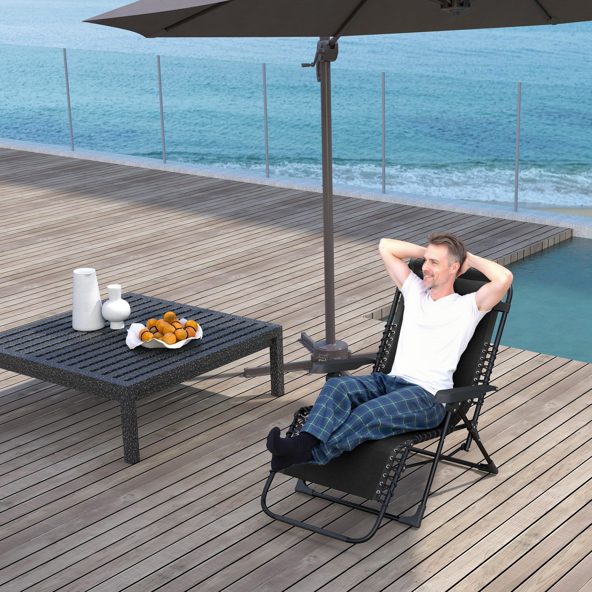 Folding Sun Bed Garden Bed with Headrest, Recliner with 5-Position Adjustable Backrest, Weatherproof Camping Bed, Garden Chair up to 120 kg Capacity, for Garden Outdoor Beach, Black