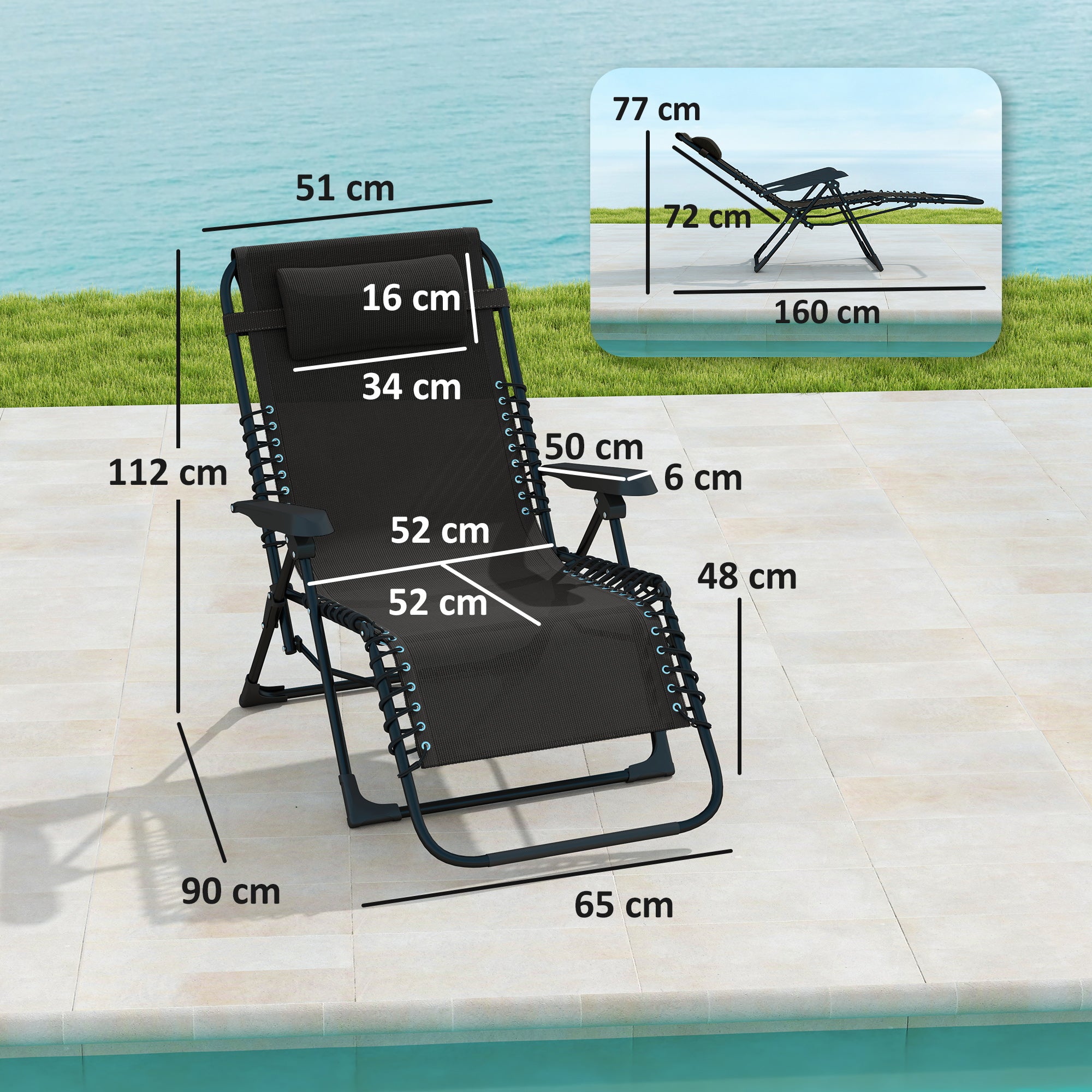 Folding Sun Bed Garden Bed with Headrest, Recliner with 5-Position Adjustable Backrest, Weatherproof Camping Bed, Garden Chair up to 120 kg Capacity, for Garden Outdoor Beach, Black