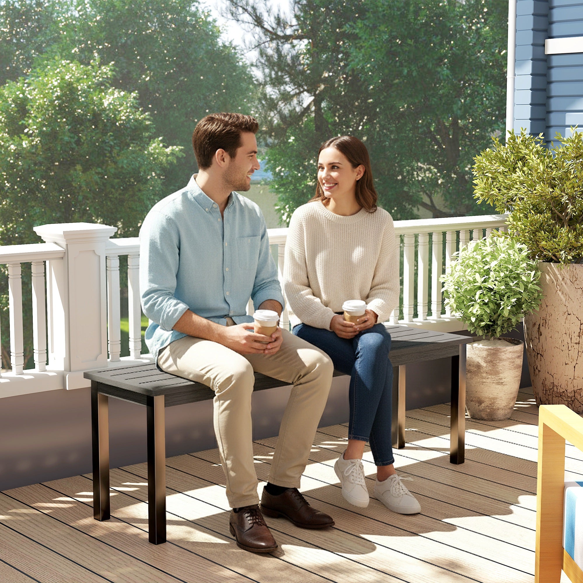 Metal Garden Bench, 2-Seater with Wood-Effect Slatted Seat, Backless Steel Frame for Patio, Balcony, Park — 529 lb Capacity, 51.2 x 13.4 x 16.9 in, Gray