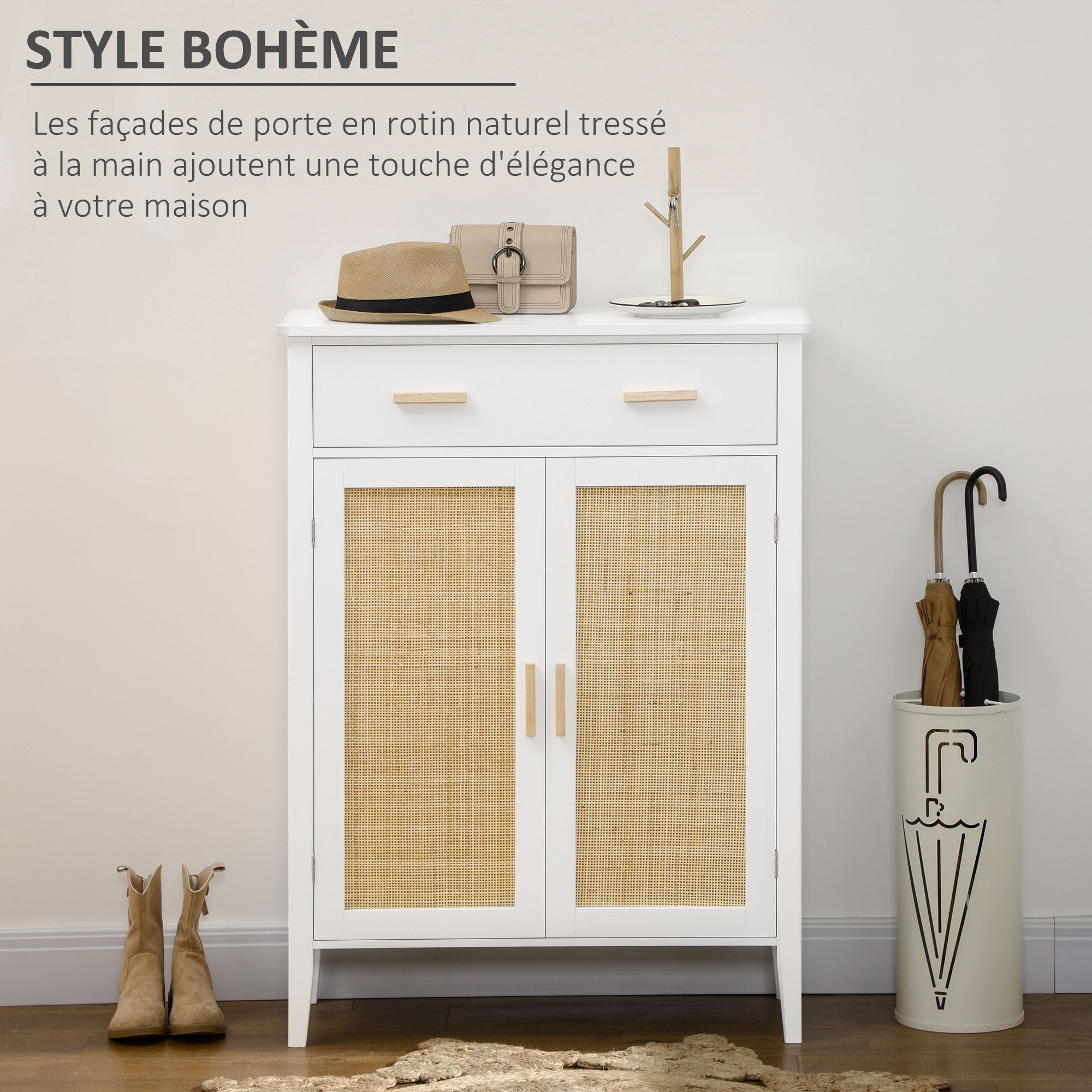 Shoe Cabinet Entryway Storage Cabinet with 2 Cane Effect Doors Drawer - 80 x 35 x 110 cm - White