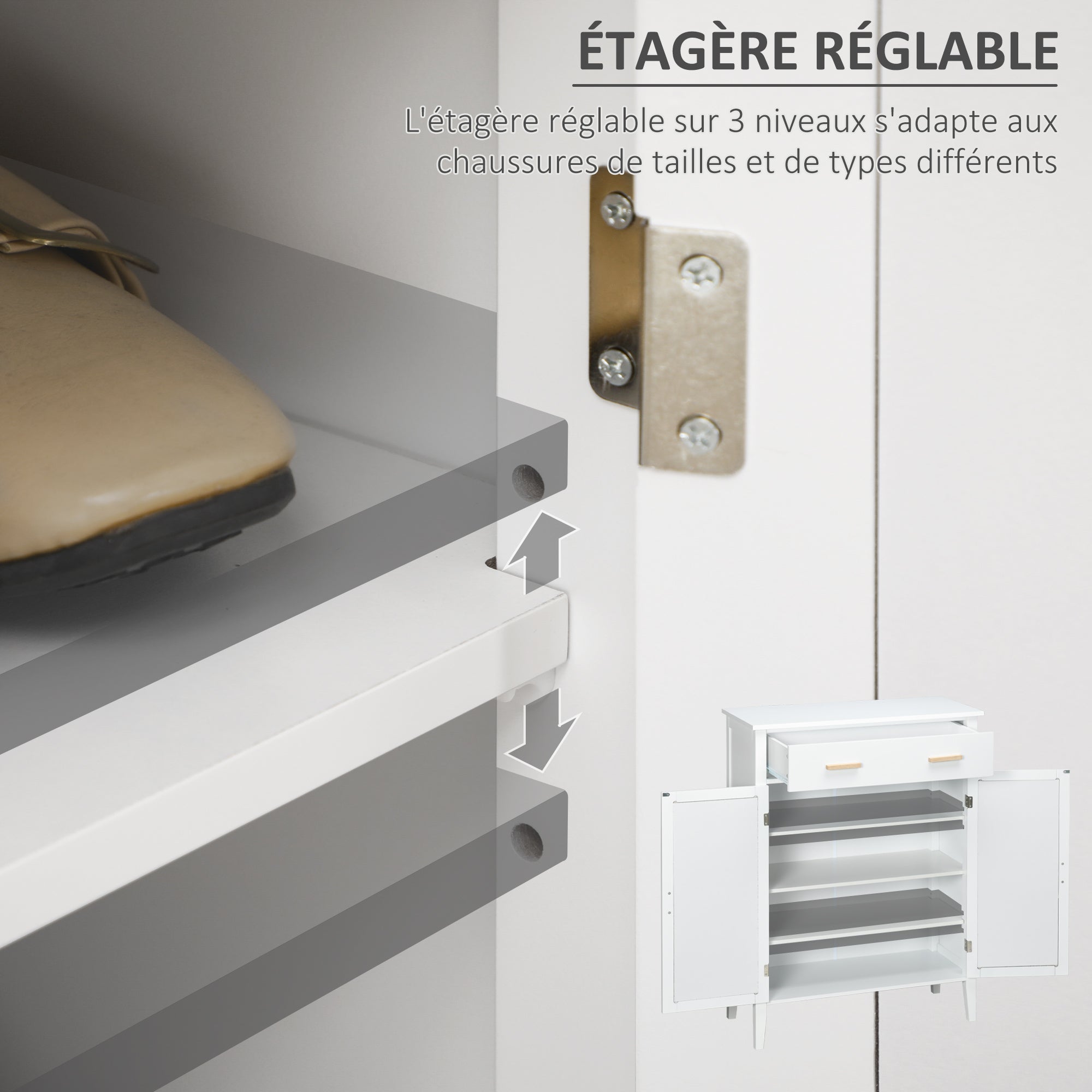 Shoe Cabinet Entryway Storage Cabinet with 2 Cane Effect Doors Drawer - 80 x 35 x 110 cm - White