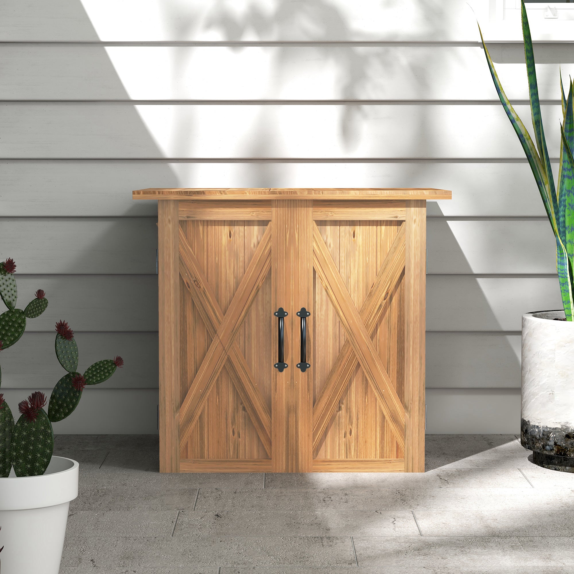 Wooden Garden Shed, Wood Tool Storage Cabinet, Outdoor Weatherproof Tool Shed, Tool Shed with Double Doors, Multi-Purpose Cabinet for Garden, Balcony, 77 x 55 x 72 cm Brown