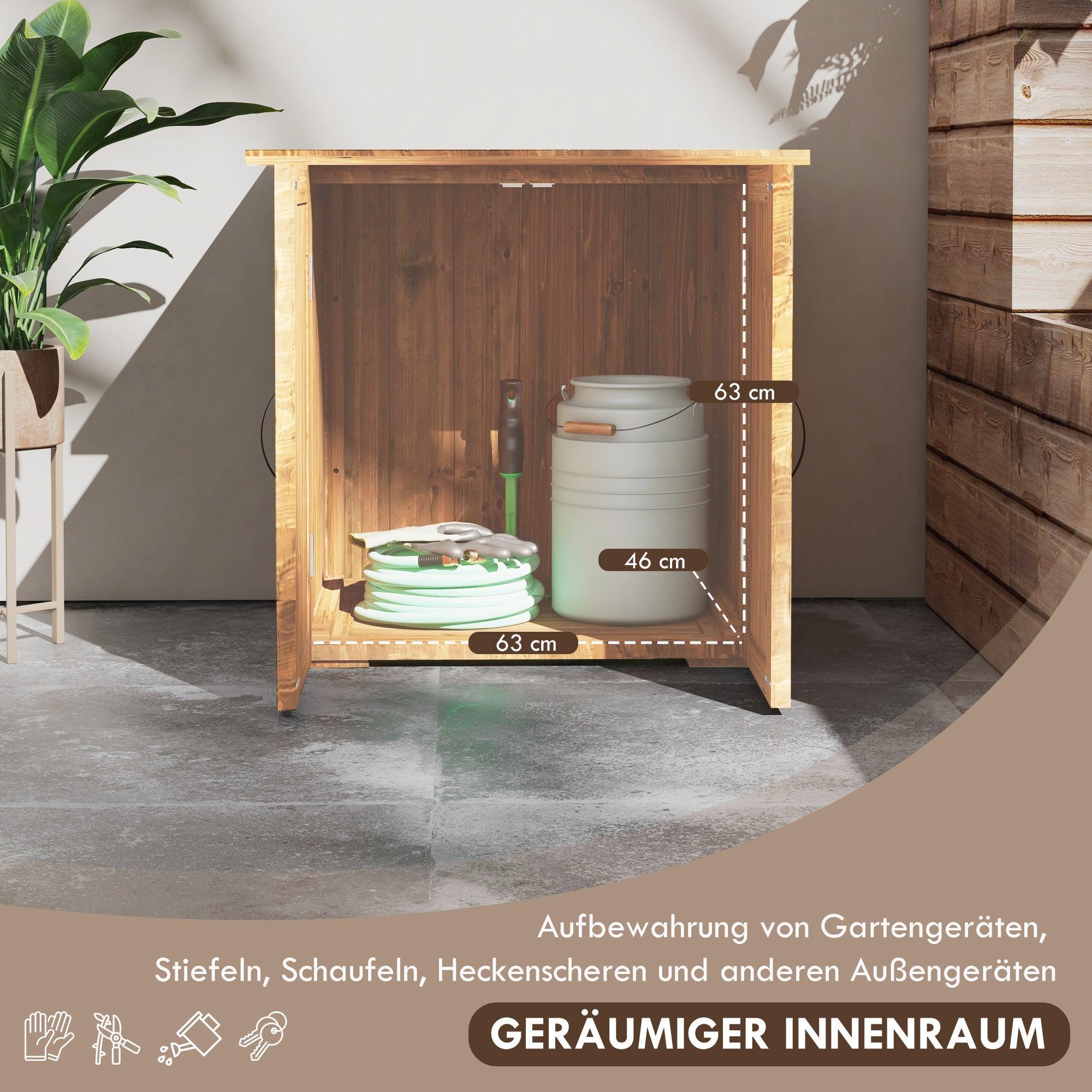 Wooden Garden Shed, Wood Tool Storage Cabinet, Outdoor Weatherproof Tool Shed, Tool Shed with Double Doors, Multi-Purpose Cabinet for Garden, Balcony, 77 x 55 x 72 cm Brown