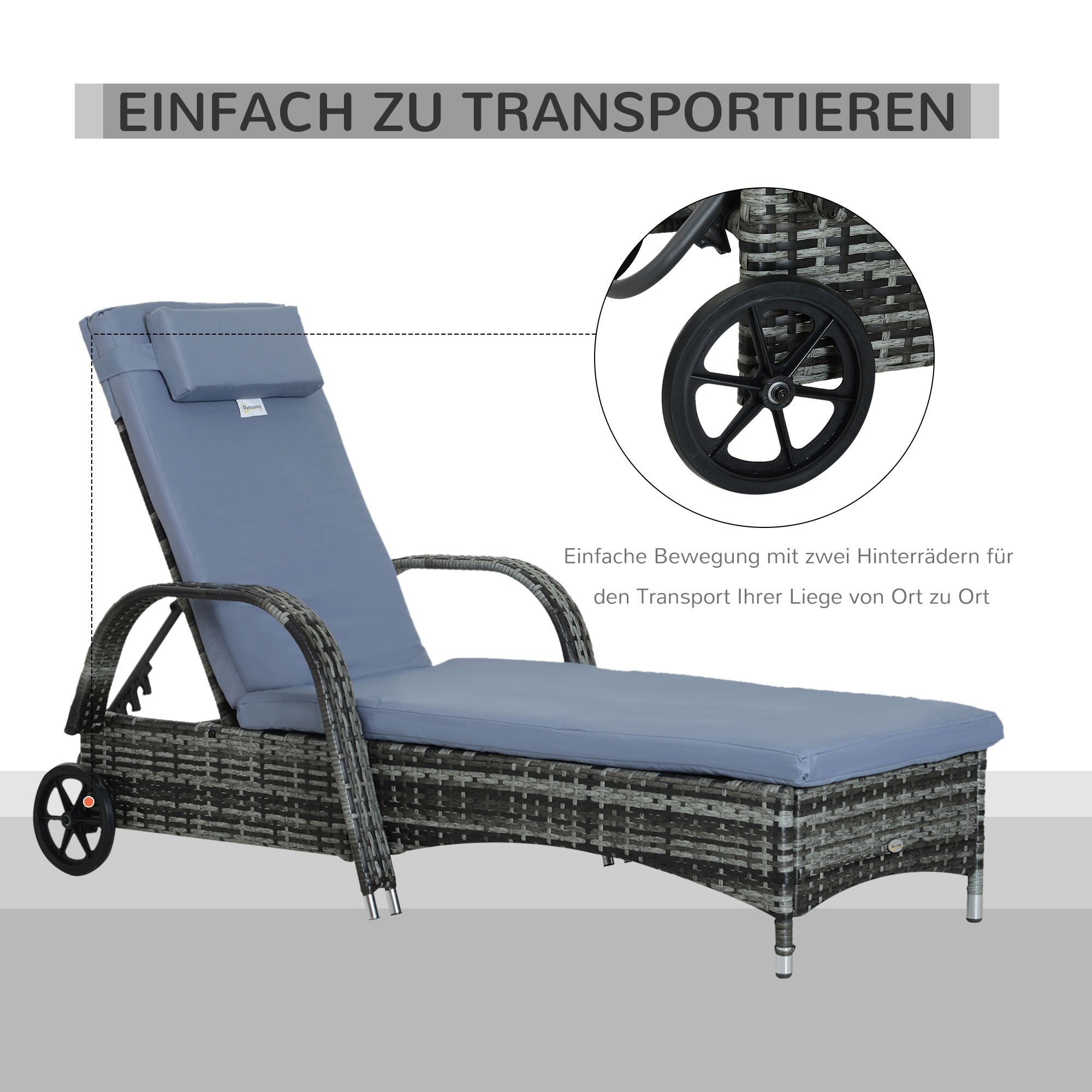 Rattan Sun Lounger with 5-Position Adjustable Backrest, Cushion, Wheels, Pillow, 160 kg Capacity Recliner Chair for Garden, 200x73x30-103cm, Gray