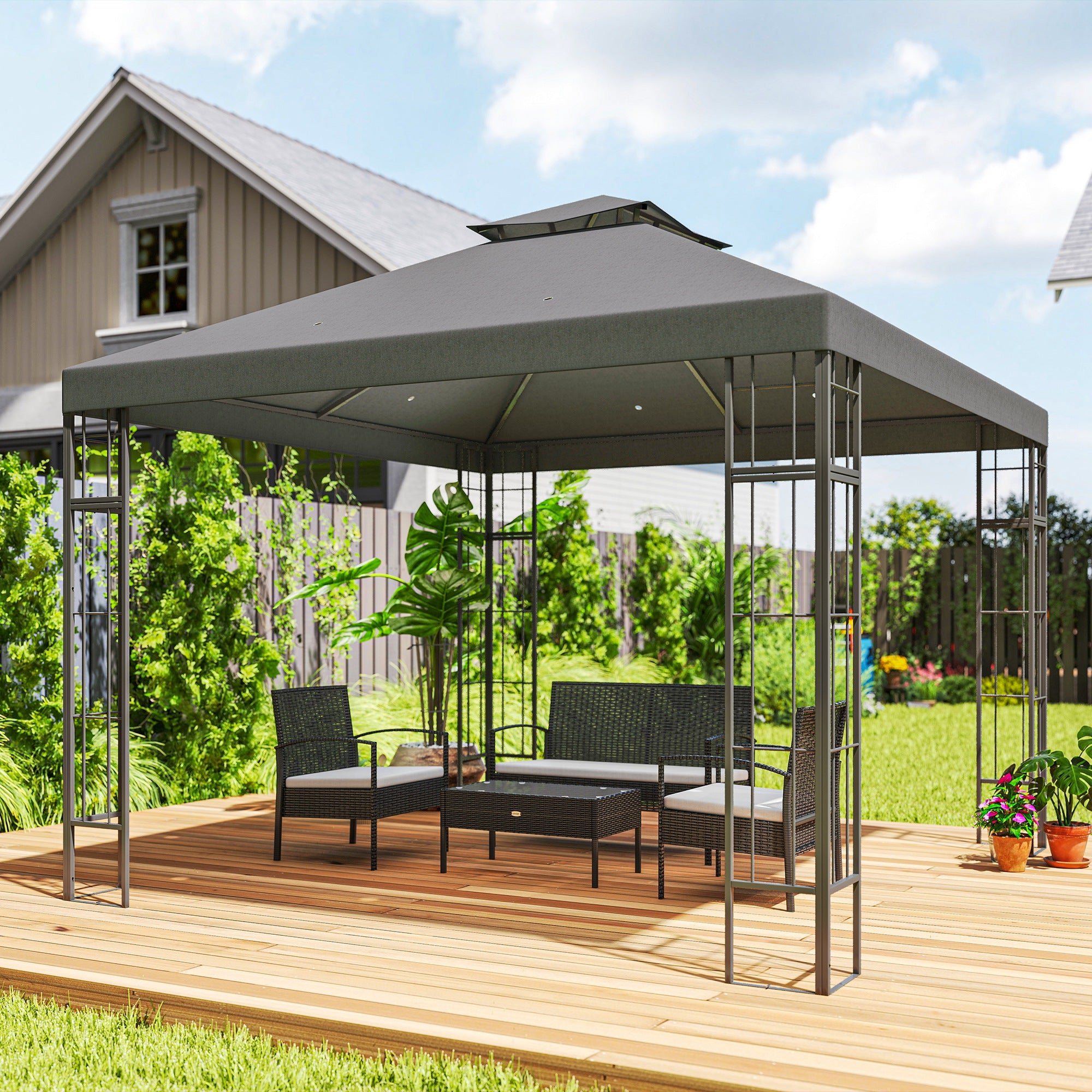 Pavilion with Double Roof, approx. 3x3m Water-Resistant Sturdy Winterproof Garden Pavilion with UV Protection Party Tent made of Metal, for Garden, Terrace, Dark Gray