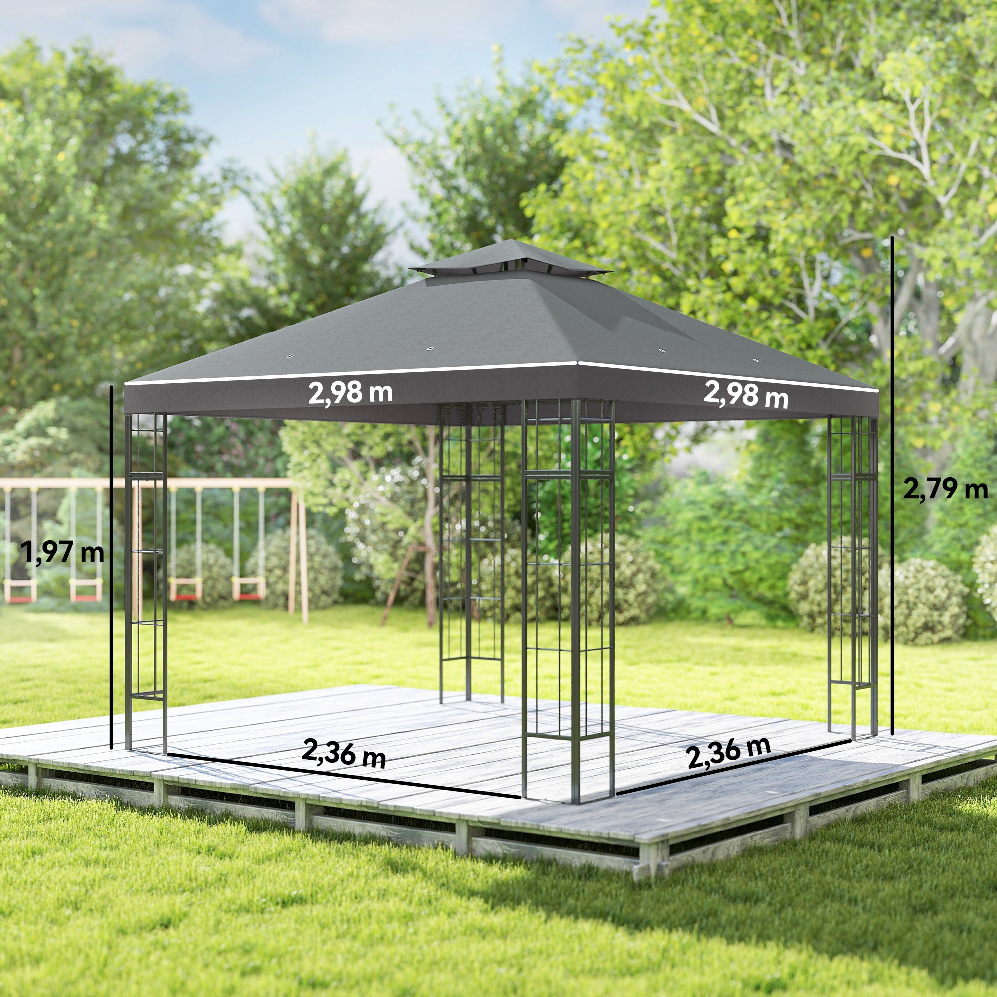 Pavilion with Double Roof, approx. 3x3m Water-Resistant Sturdy Winterproof Garden Pavilion with UV Protection Party Tent made of Metal, for Garden, Terrace, Dark Gray