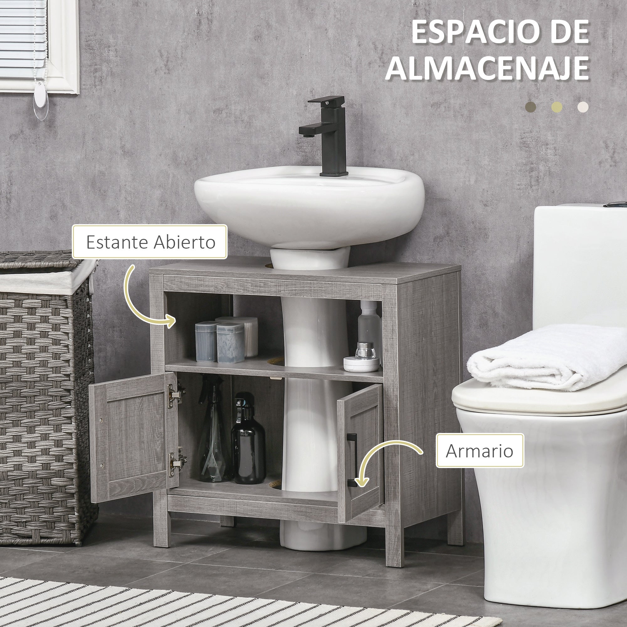 Under Sink Cabinet Wooden Floor Cabinet for Bathroom with 2 Doors and Open Shelf Modern Style 60x30x60 cm Grey