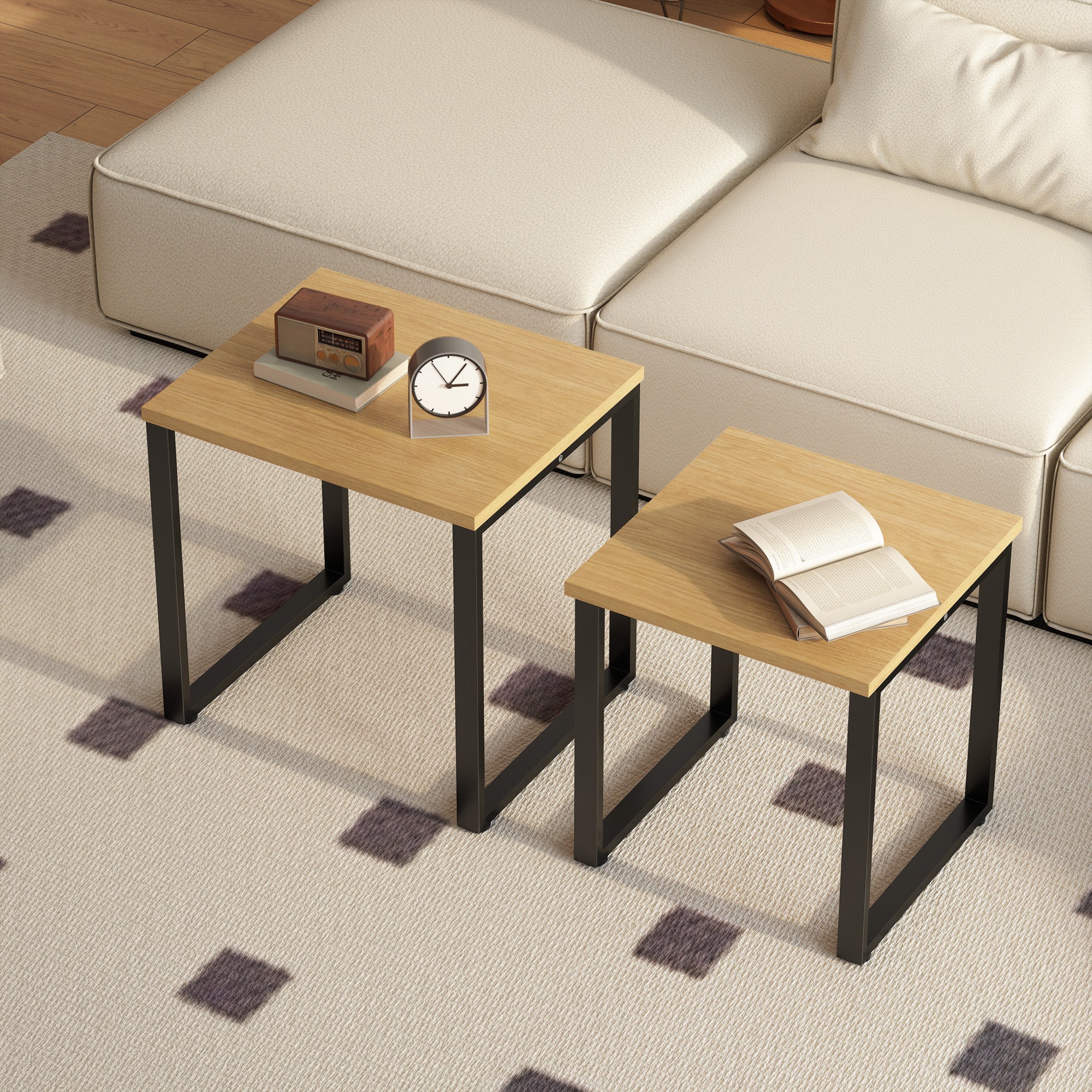 2-Piece Nesting Coffee Table Set with Metal Frame, Natural Wood Finish
