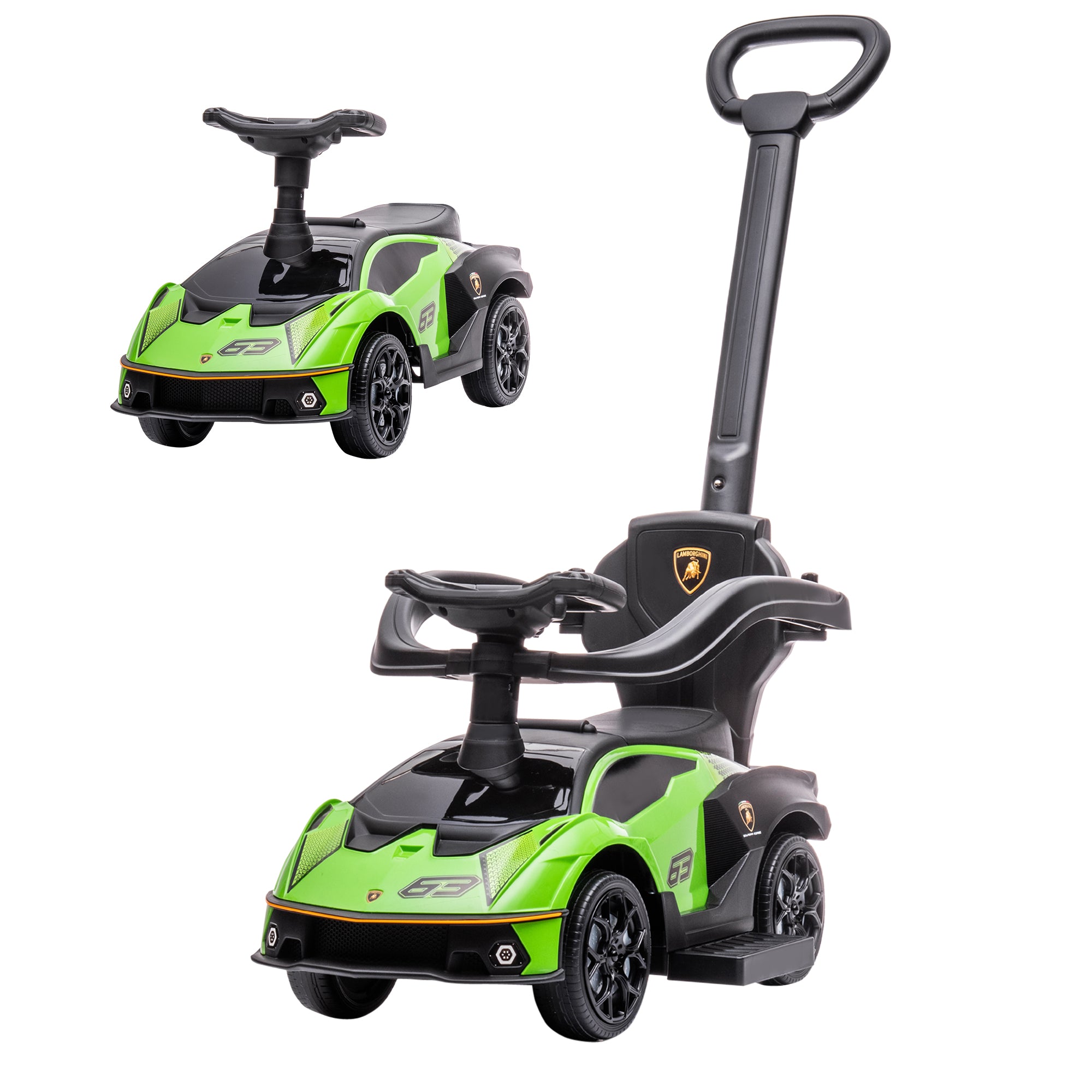 2-in-1 Lamborghini Essenza SCV12 Ride-On Car for Kids 12-36 Months Push Walker with Horn Removable Push Handle and Safety Barrier 86.5x40x89.5 cm Green and Black