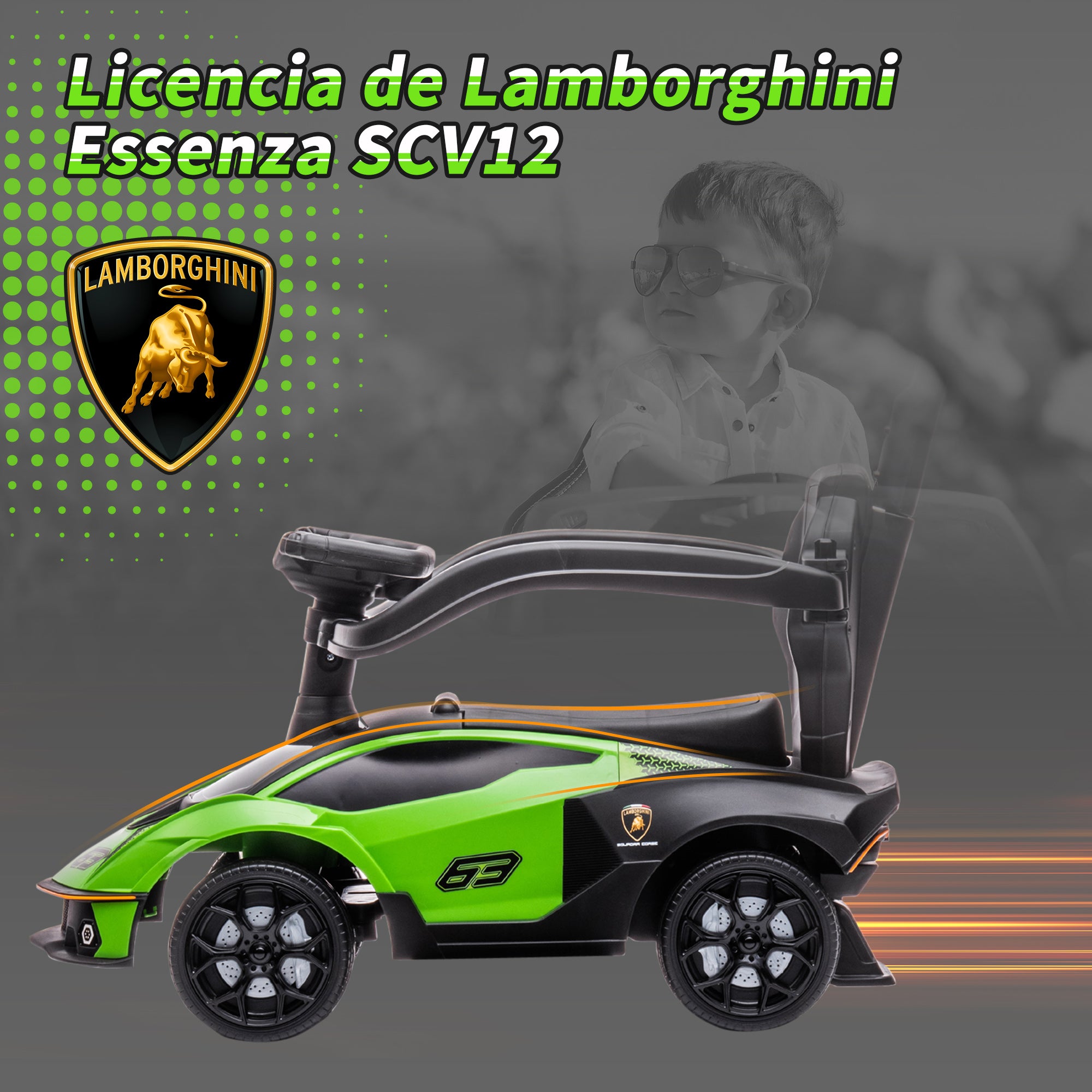 2-in-1 Lamborghini Essenza SCV12 Ride-On Car for Kids 12-36 Months Push Walker with Horn Removable Push Handle and Safety Barrier 86.5x40x89.5 cm Green and Black