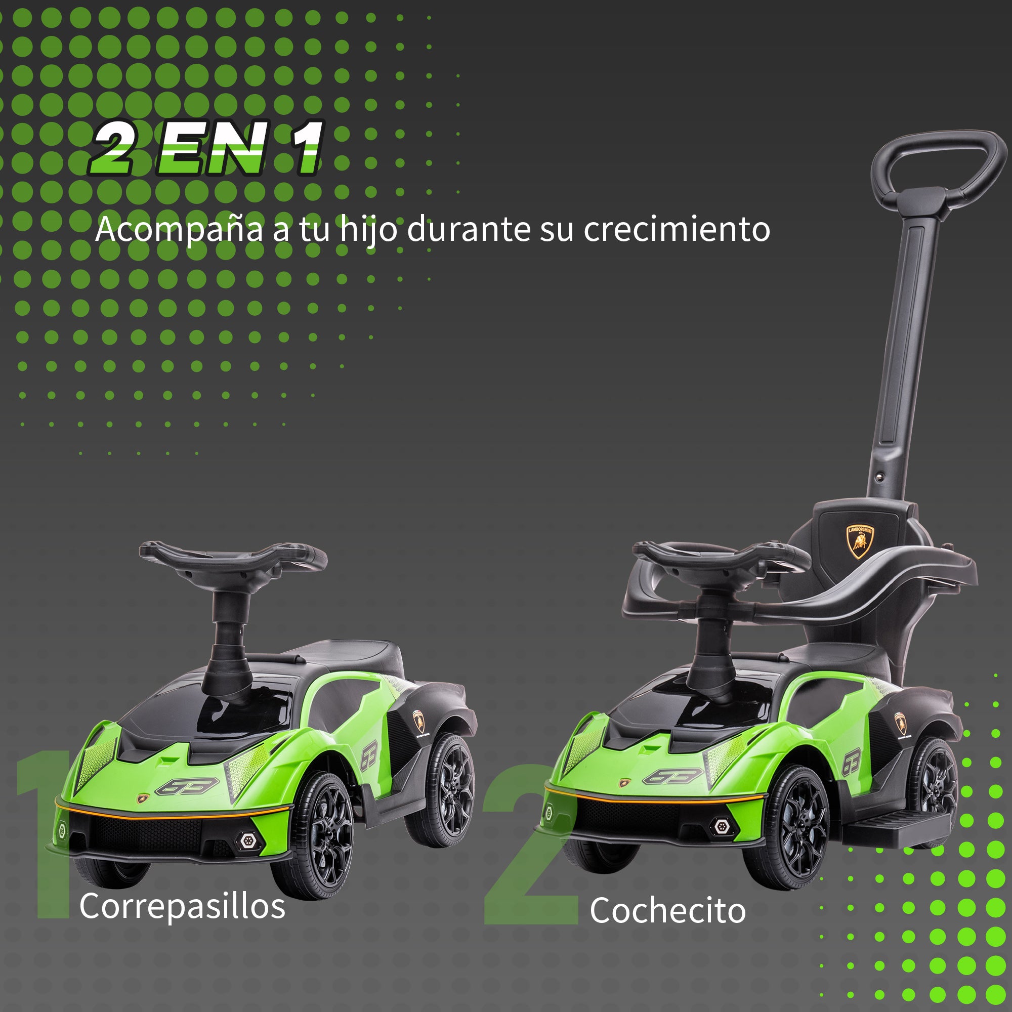 2-in-1 Lamborghini Essenza SCV12 Ride-On Car for Kids 12-36 Months Push Walker with Horn Removable Push Handle and Safety Barrier 86.5x40x89.5 cm Green and Black