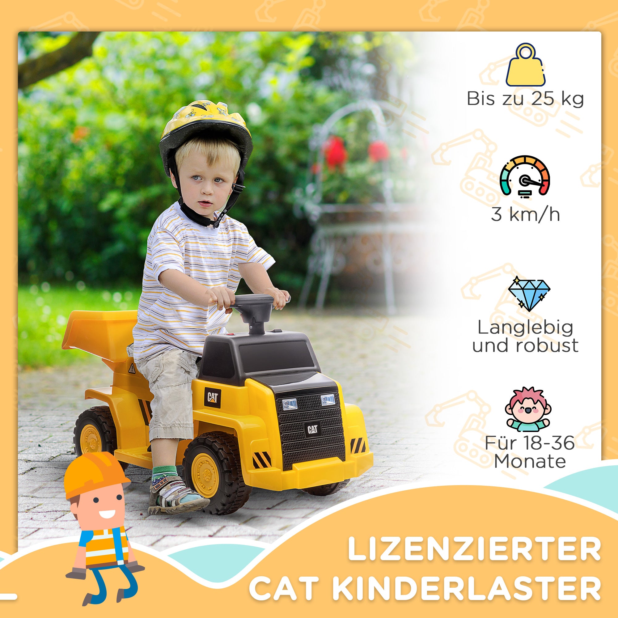 Electric Children's Tractor, Play Vehicle with Tipping Loading Area, Horn, Electric Car for Kids, Ride-On Tractor with Headlights, max. 3 km/h, for Children 1.5 to 3 Years Old, Metal, Yellow