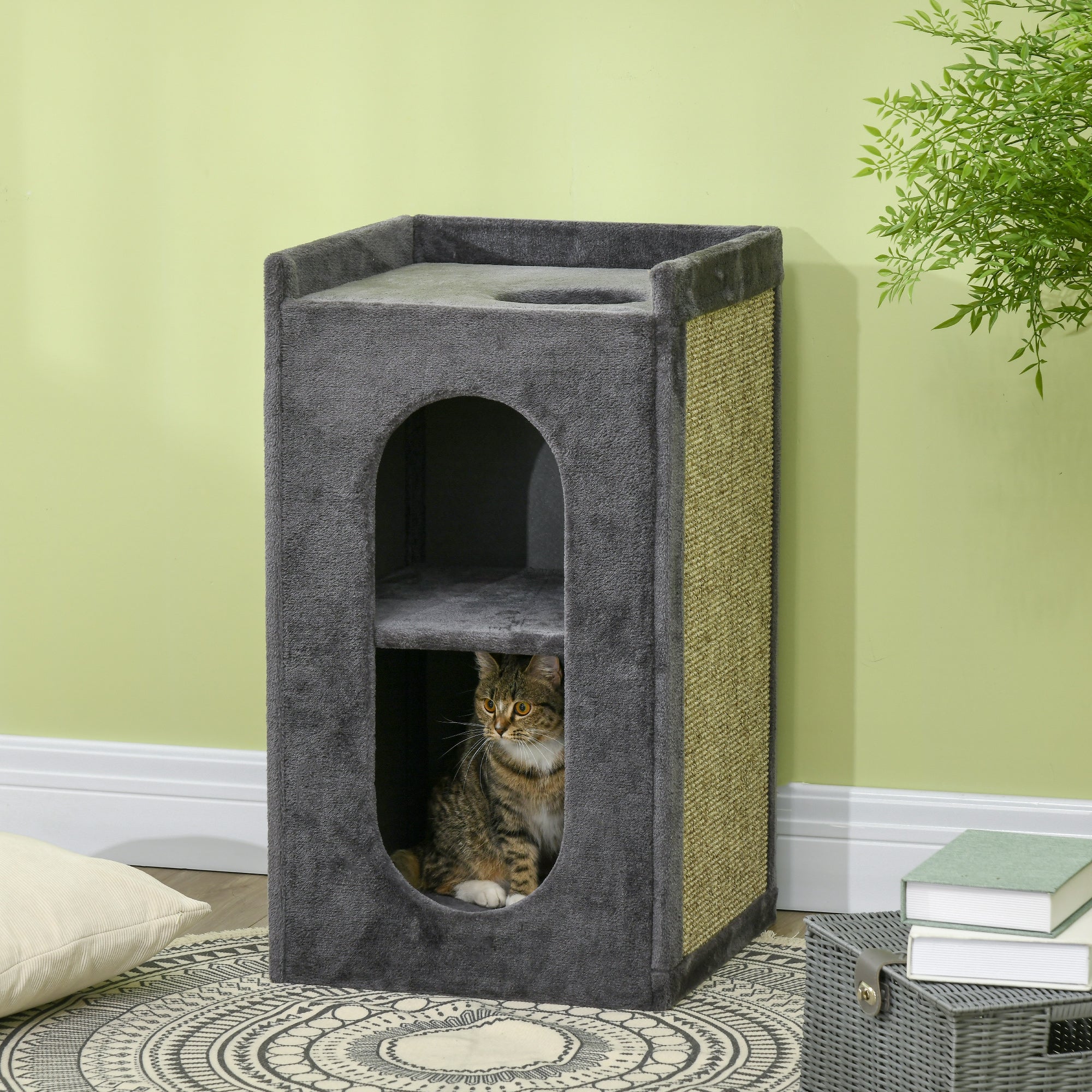 Scratching Post, Height 81 cm, Cat Scratching Tree with 2 Caves, Scratching Tower with Scratching Board, Cat Tower with 2 Levels, Cat Barrel for Cats up to 6 kg, Dark Gray