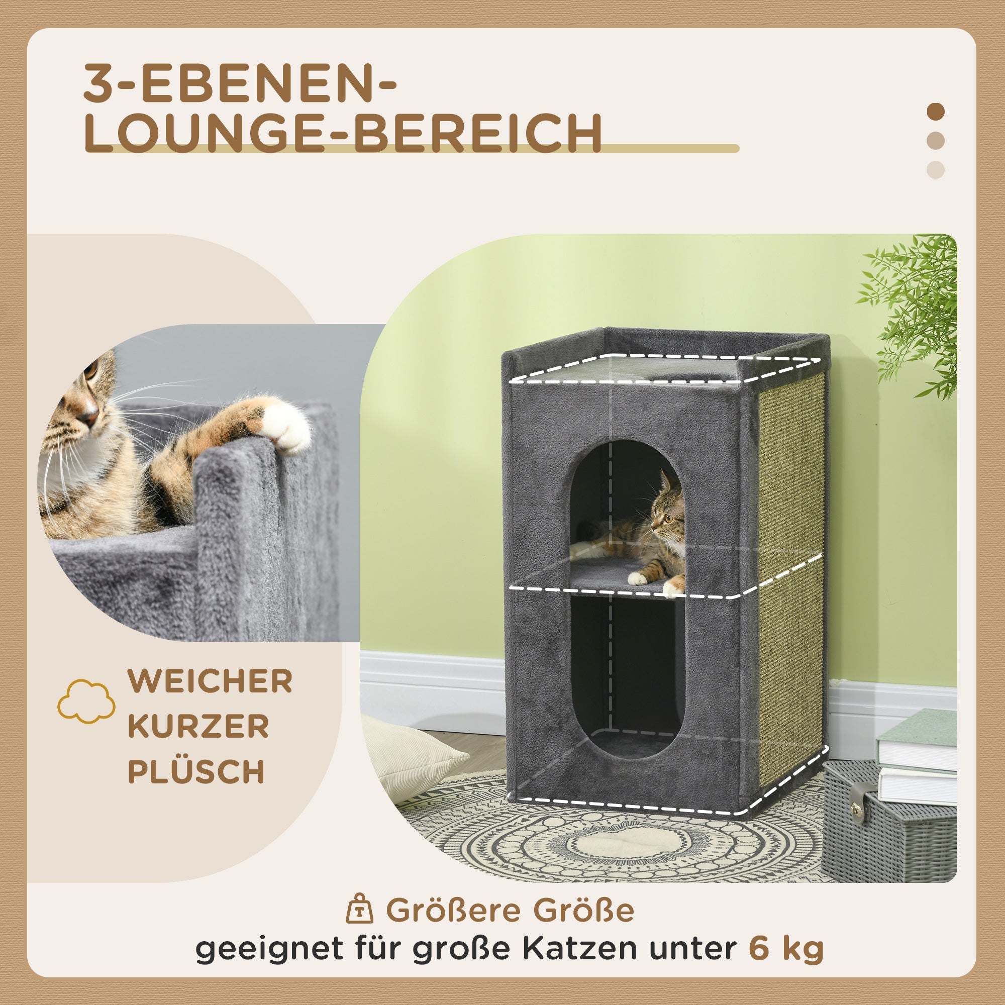 Scratching Post, Height 81 cm, Cat Scratching Tree with 2 Caves, Scratching Tower with Scratching Board, Cat Tower with 2 Levels, Cat Barrel for Cats up to 6 kg, Dark Gray