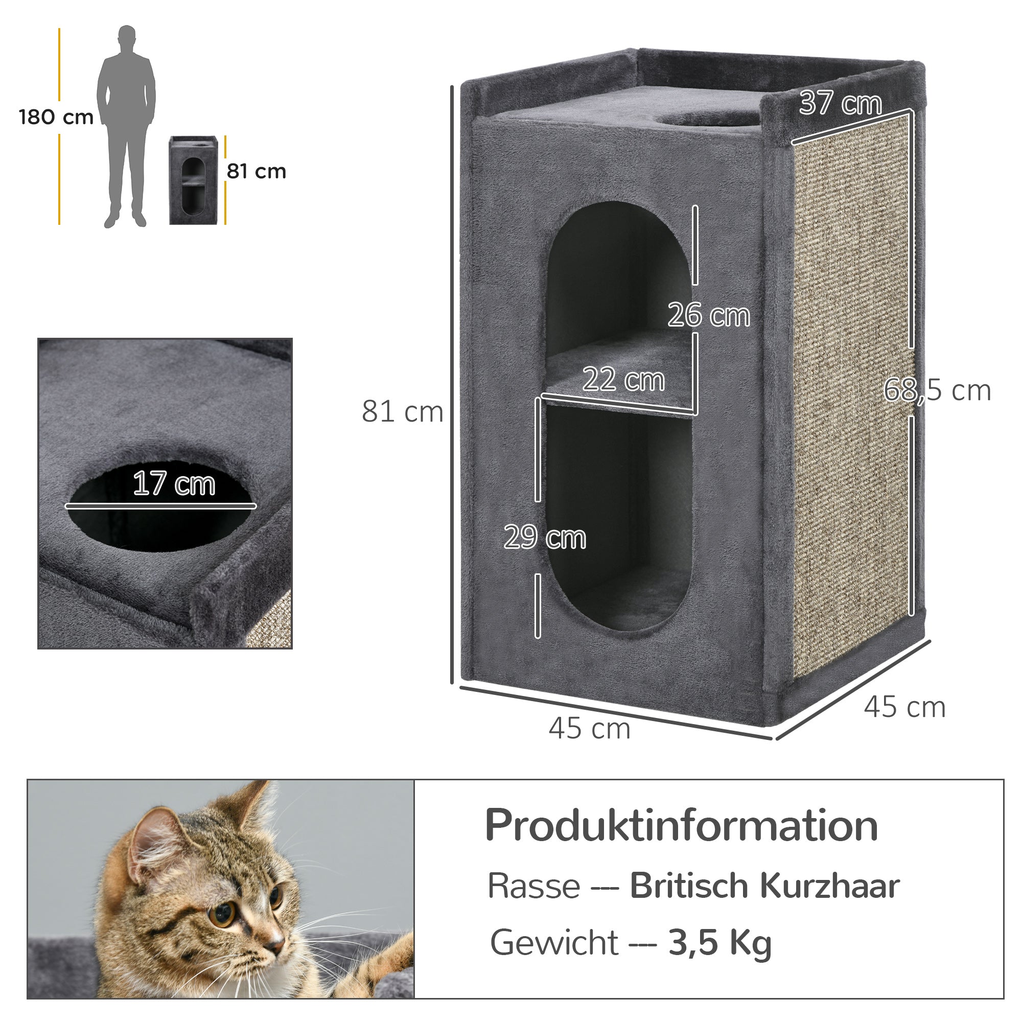 Scratching Post, Height 81 cm, Cat Scratching Tree with 2 Caves, Scratching Tower with Scratching Board, Cat Tower with 2 Levels, Cat Barrel for Cats up to 6 kg, Dark Gray