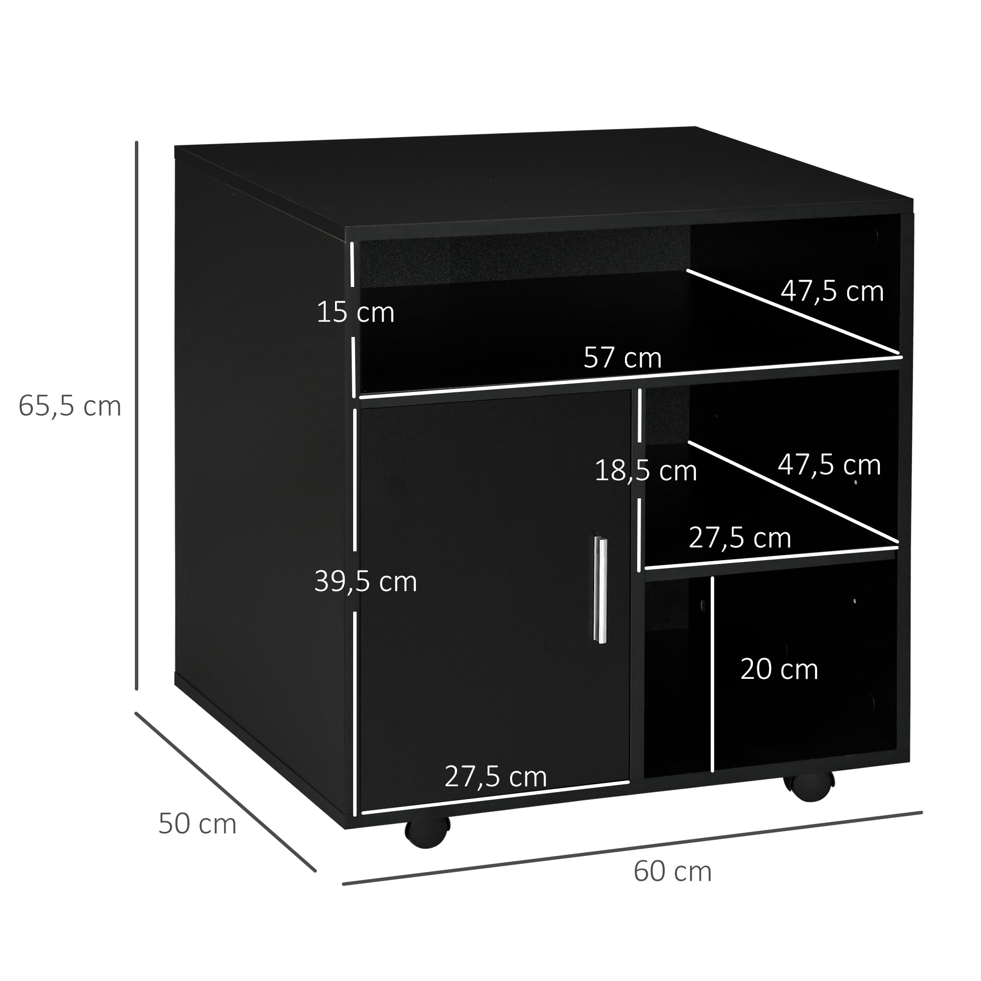 Printer Stand Organizer Office Cabinet with 3 Shelves + Large Top Shelf Particle Boards Black