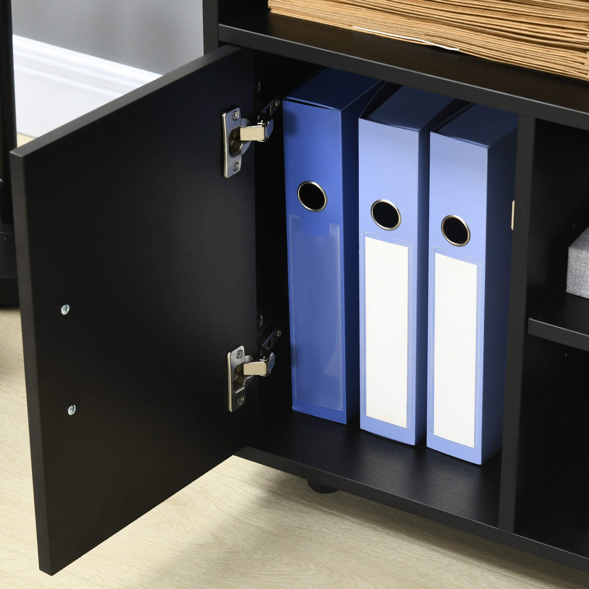 Printer Stand Organizer Office Cabinet with 3 Shelves + Large Top Shelf Particle Boards Black