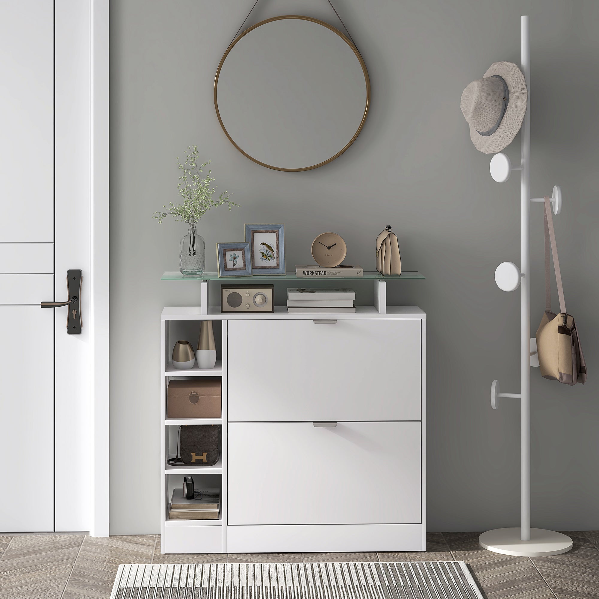 Modern Shoe Cabinet Entryway Shoe Rack with Foldable Drawers Adjustable Shelves and Open Shelves for 12 Pairs of Shoes Narrow Shoe Storage for Hallway 89x25x92 cm White