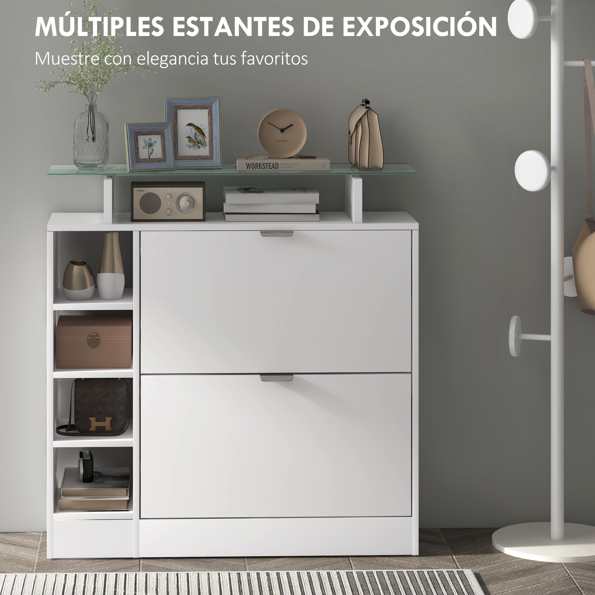 Modern Shoe Cabinet Entryway Shoe Rack with Foldable Drawers Adjustable Shelves and Open Shelves for 12 Pairs of Shoes Narrow Shoe Storage for Hallway 89x25x92 cm White