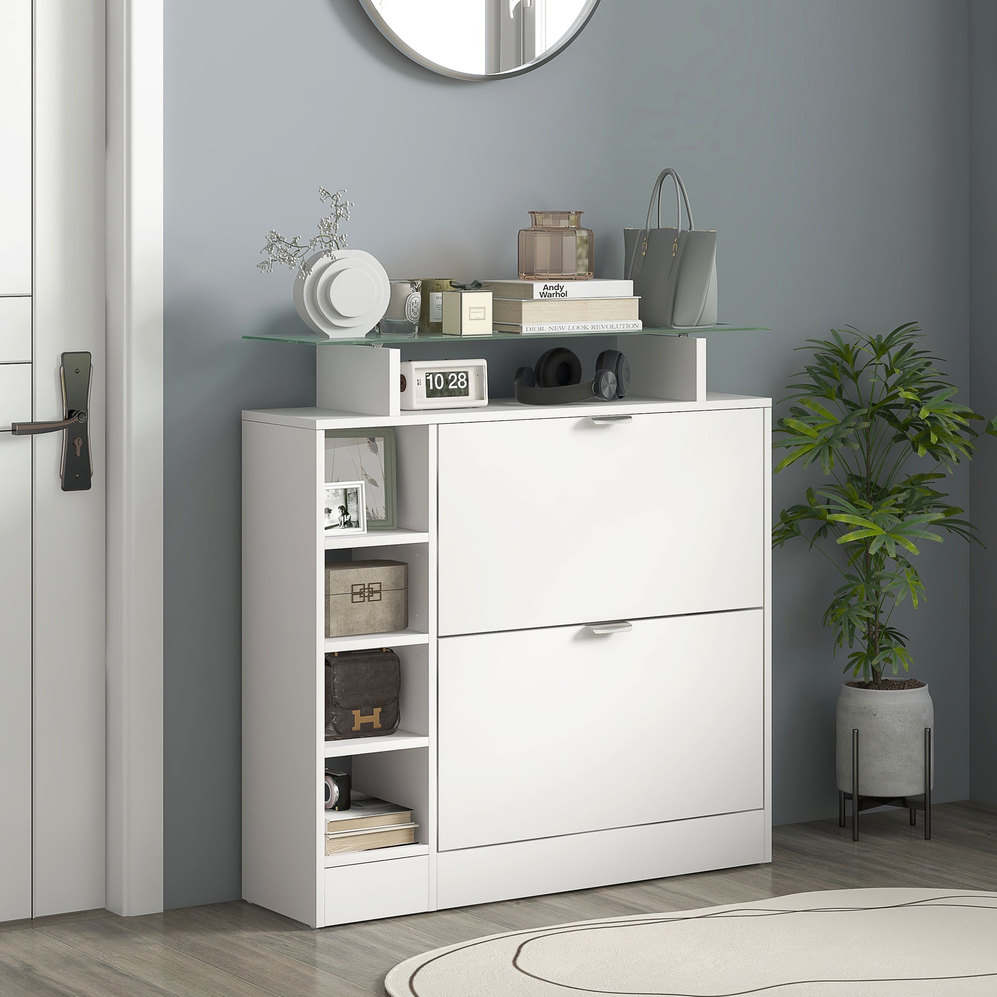 Modern Shoe Cabinet Entryway Shoe Rack with Foldable Drawers Adjustable Shelves and Open Shelves for 12 Pairs of Shoes Narrow Shoe Storage for Hallway 89x25x92 cm White