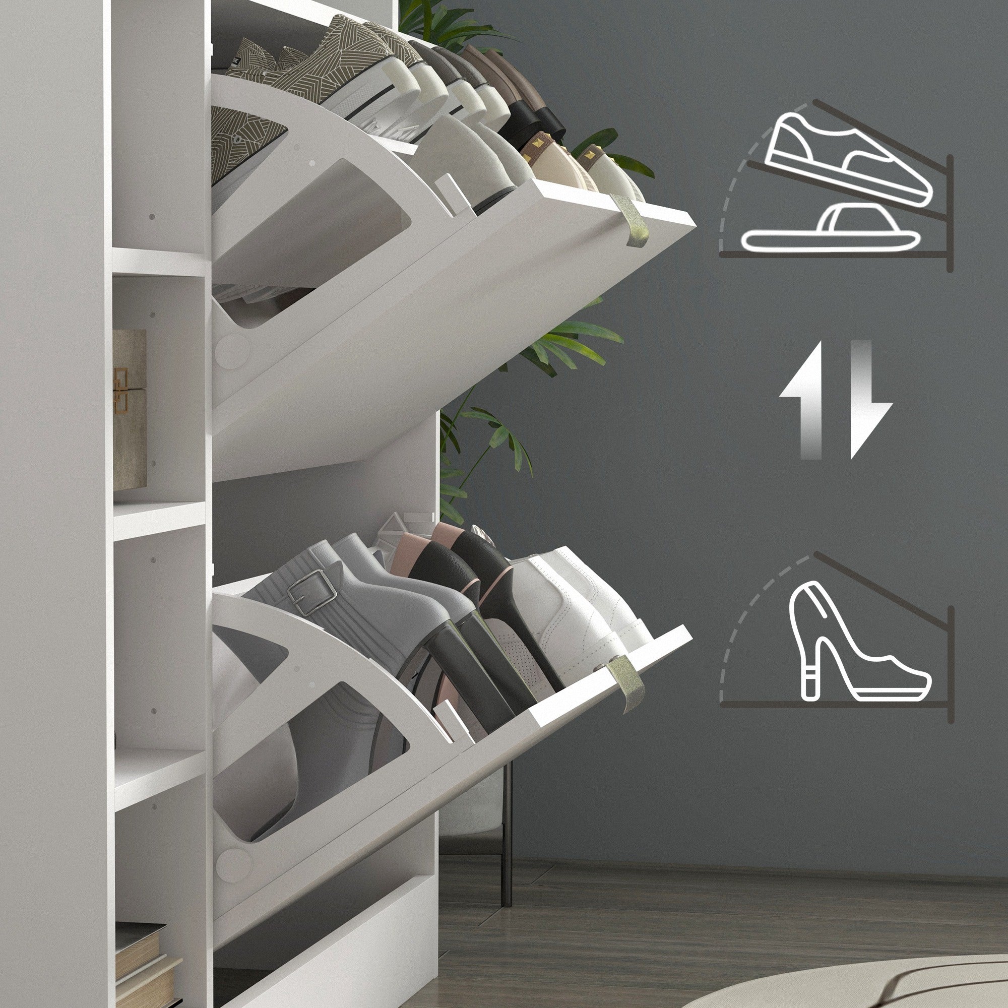 Modern Shoe Cabinet Entryway Shoe Rack with Foldable Drawers Adjustable Shelves and Open Shelves for 12 Pairs of Shoes Narrow Shoe Storage for Hallway 89x25x92 cm White