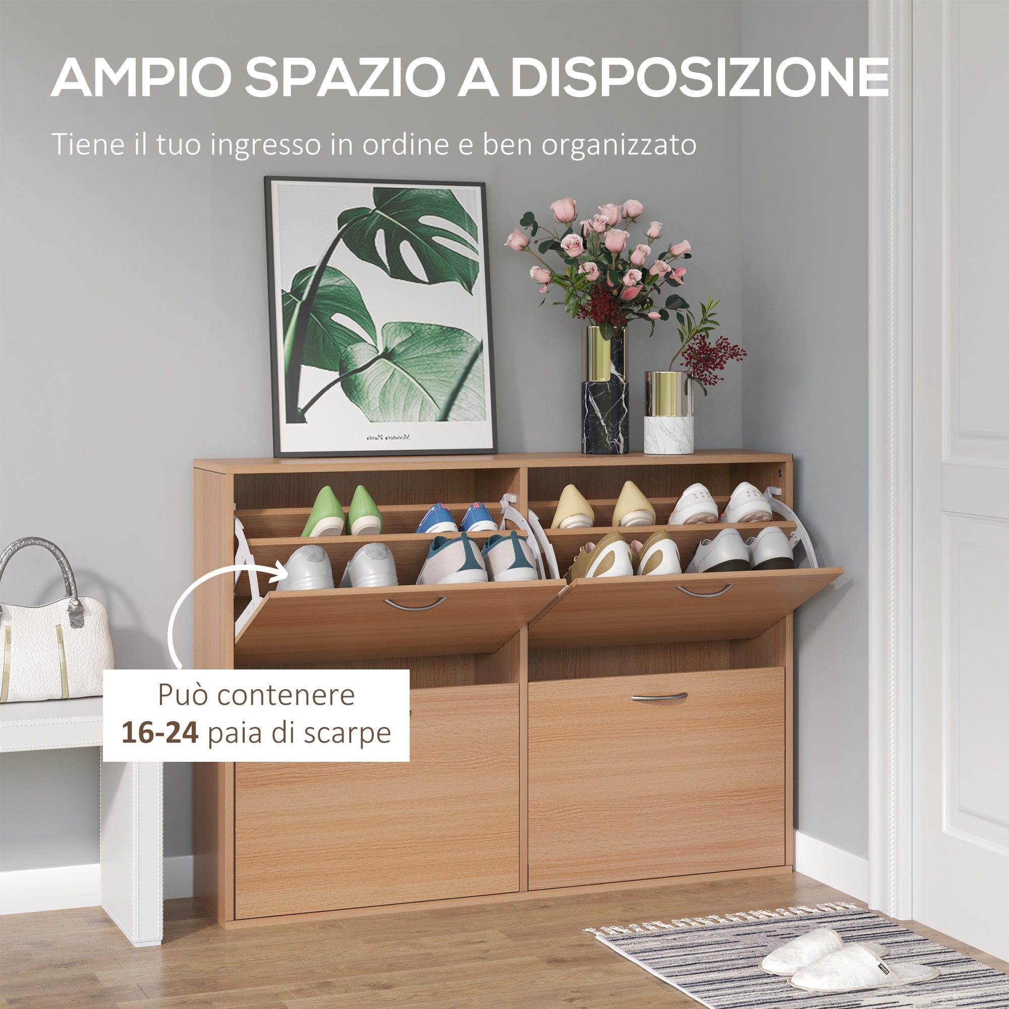 Slim Entry Shoe Rack with 4 Fold-Down Doors, Modern Shoe Storage for 24 Pairs of Shoes with Adjustable Shelves, Wood Color, 120x24x81cm