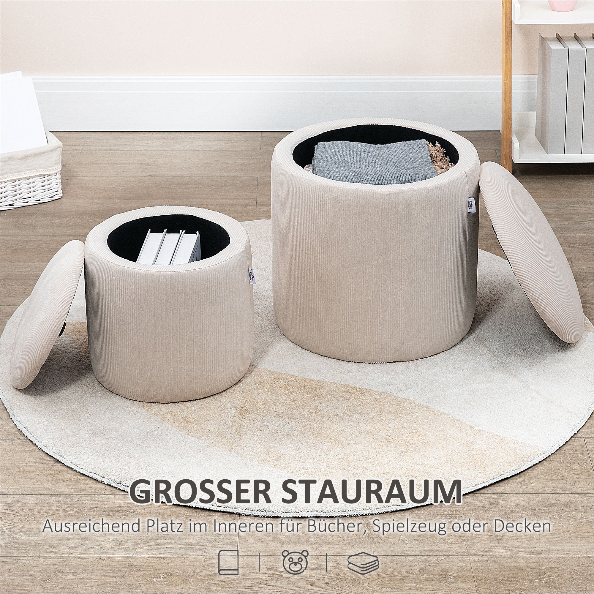 2-Piece Round Storage Ottoman Footstool Set with Removable Lid in Corduroy Look Cream White