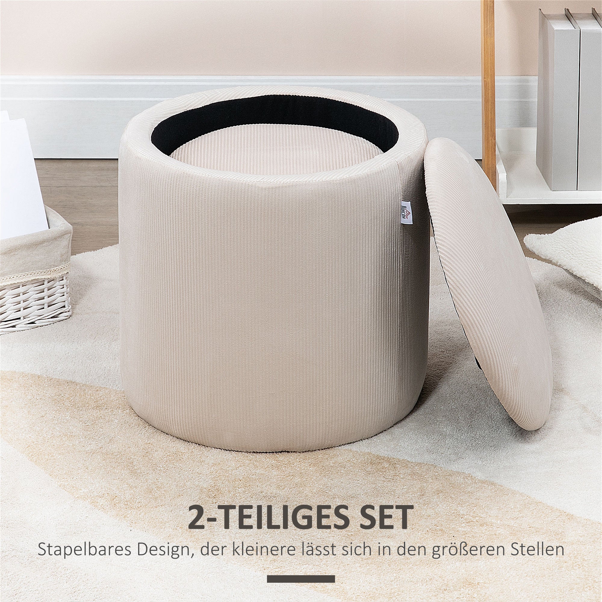 2-Piece Round Storage Ottoman Footstool Set with Removable Lid in Corduroy Look Cream White