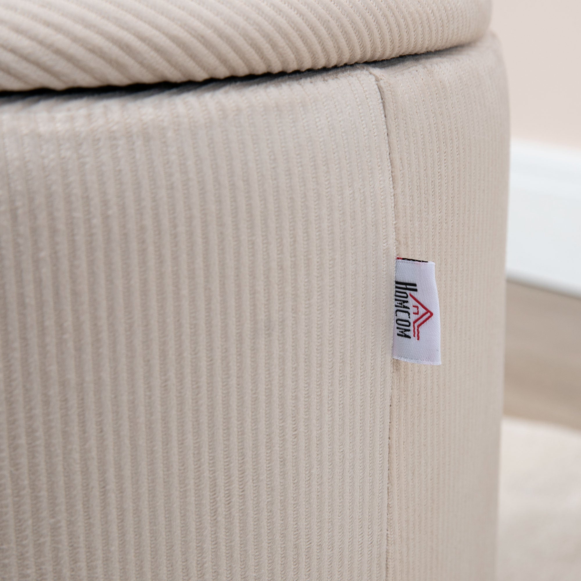 2-Piece Round Storage Ottoman Footstool Set with Removable Lid in Corduroy Look Cream White