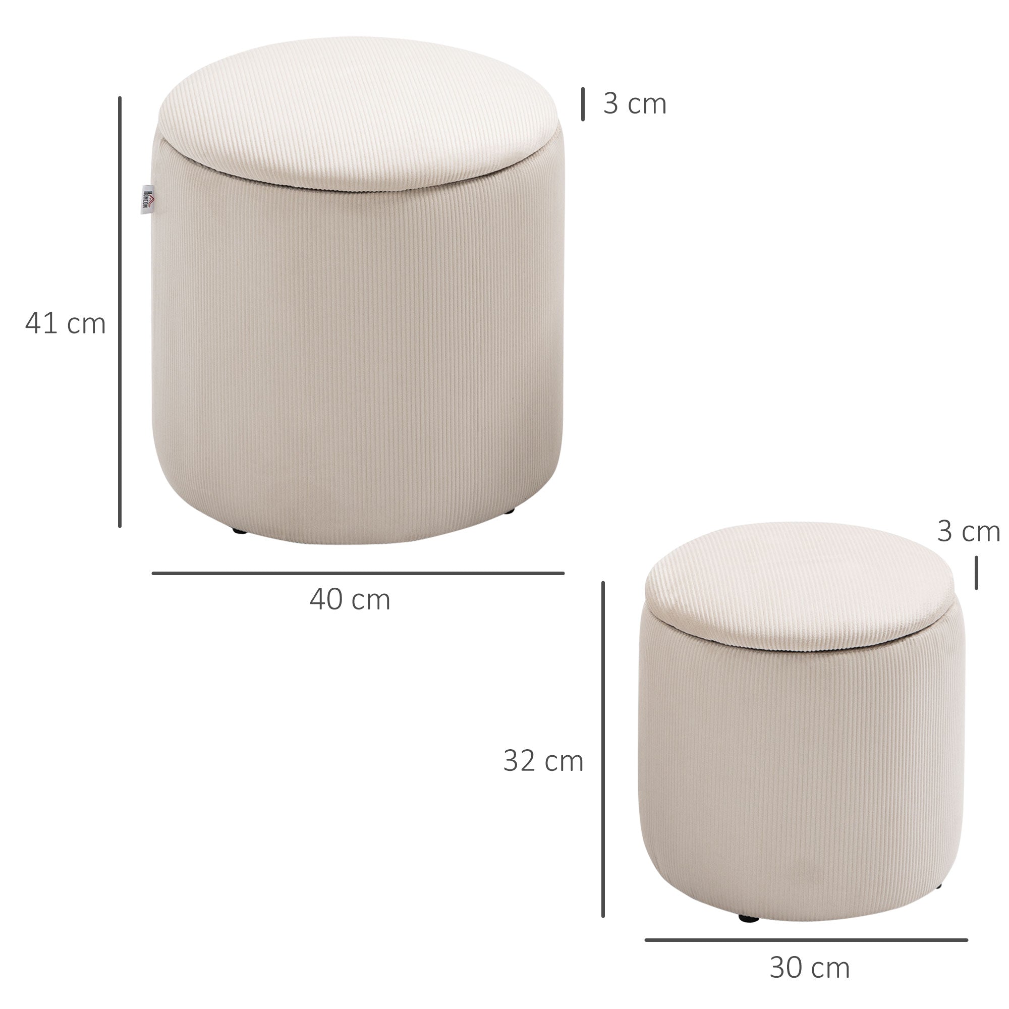 2-Piece Round Storage Ottoman Footstool Set with Removable Lid in Corduroy Look Cream White