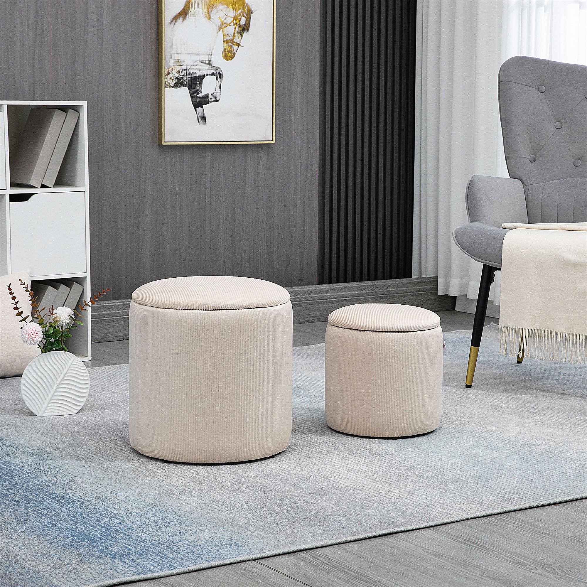 2-Piece Round Storage Ottoman Footstool Set with Removable Lid in Corduroy Look Cream White