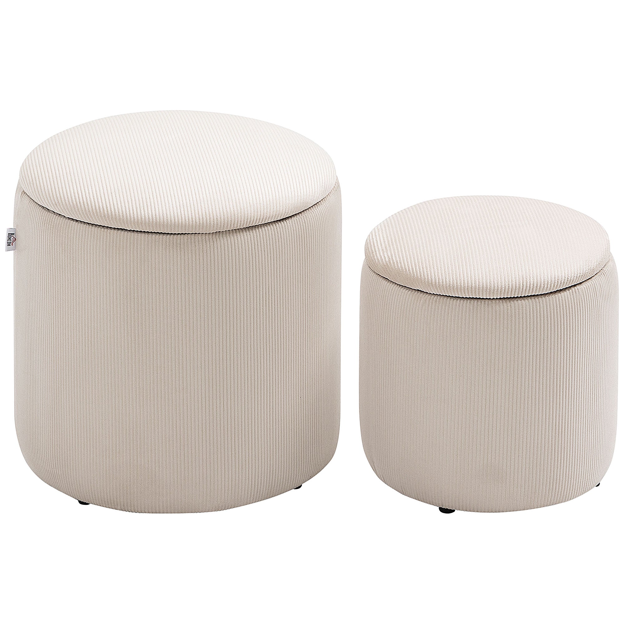 2-Piece Round Storage Ottoman Footstool Set with Removable Lid in Corduroy Look Cream White