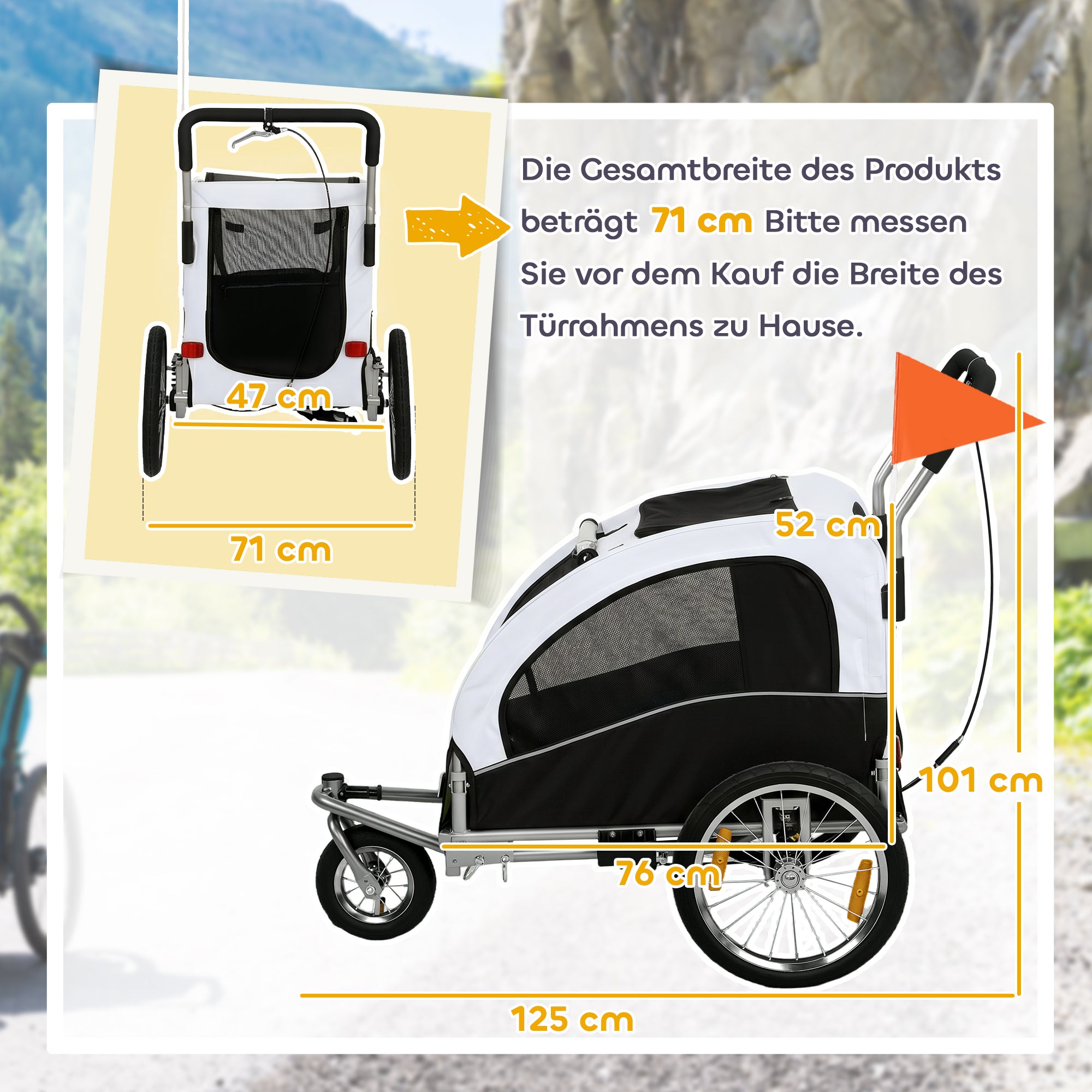2-in-1 Dog Bike Trailer & Jogger for Small to Medium Dogs up to 44 lb — Foldable, 600D Oxford, Reflectors, Handbrake, Universal Coupling, White