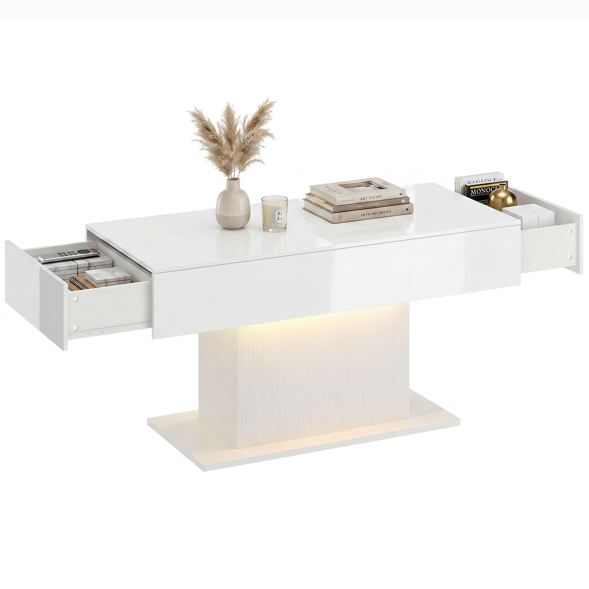 High-Gloss Coffee Table with LED Lighting, Modern Side Table with 2 Drawers, Remote-Controlled, 108 x 48 x 55 cm (42.5 x 18.9 x 21.7 in) – White