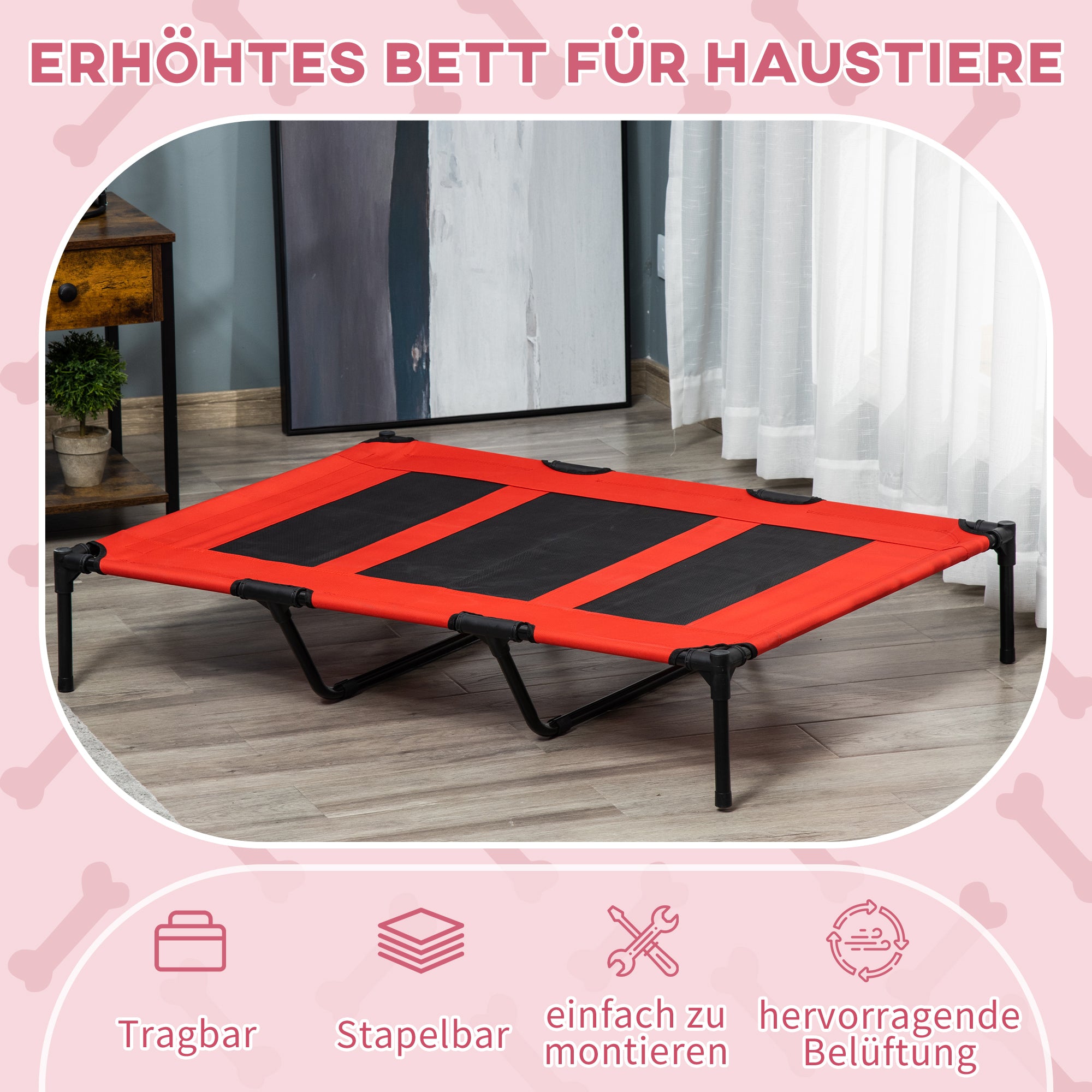 Outdoor Dog Bed, Elevated Pet Bed for Large Dogs, Cooling Pet Cot with Washable Mesh & Sturdy Metal Frame, Pet Bed for Travel Garden & Outdoor, 122 x 92 x 23 cm, Red