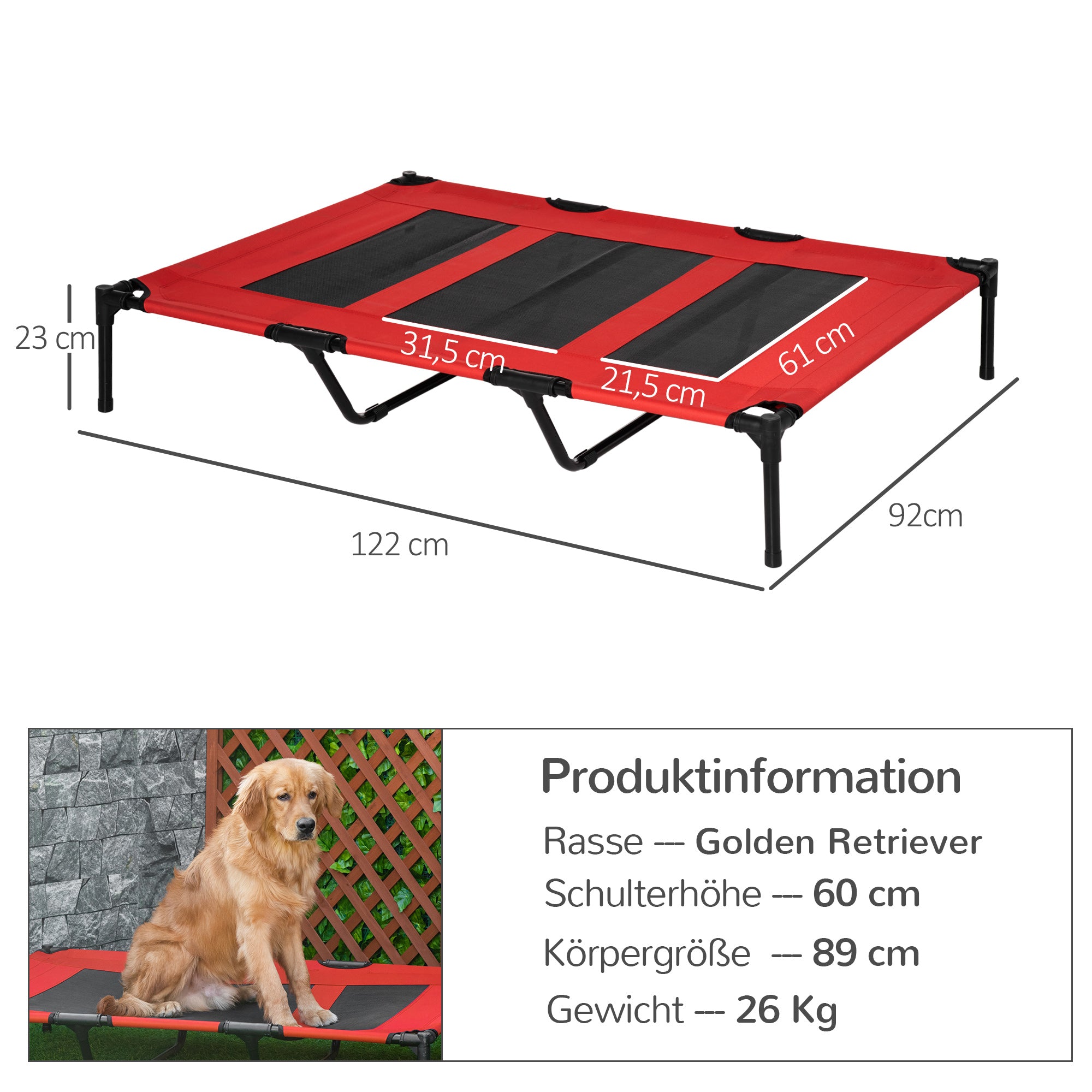 Outdoor Dog Bed, Elevated Pet Bed for Large Dogs, Cooling Pet Cot with Washable Mesh & Sturdy Metal Frame, Pet Bed for Travel Garden & Outdoor, 122 x 92 x 23 cm, Red