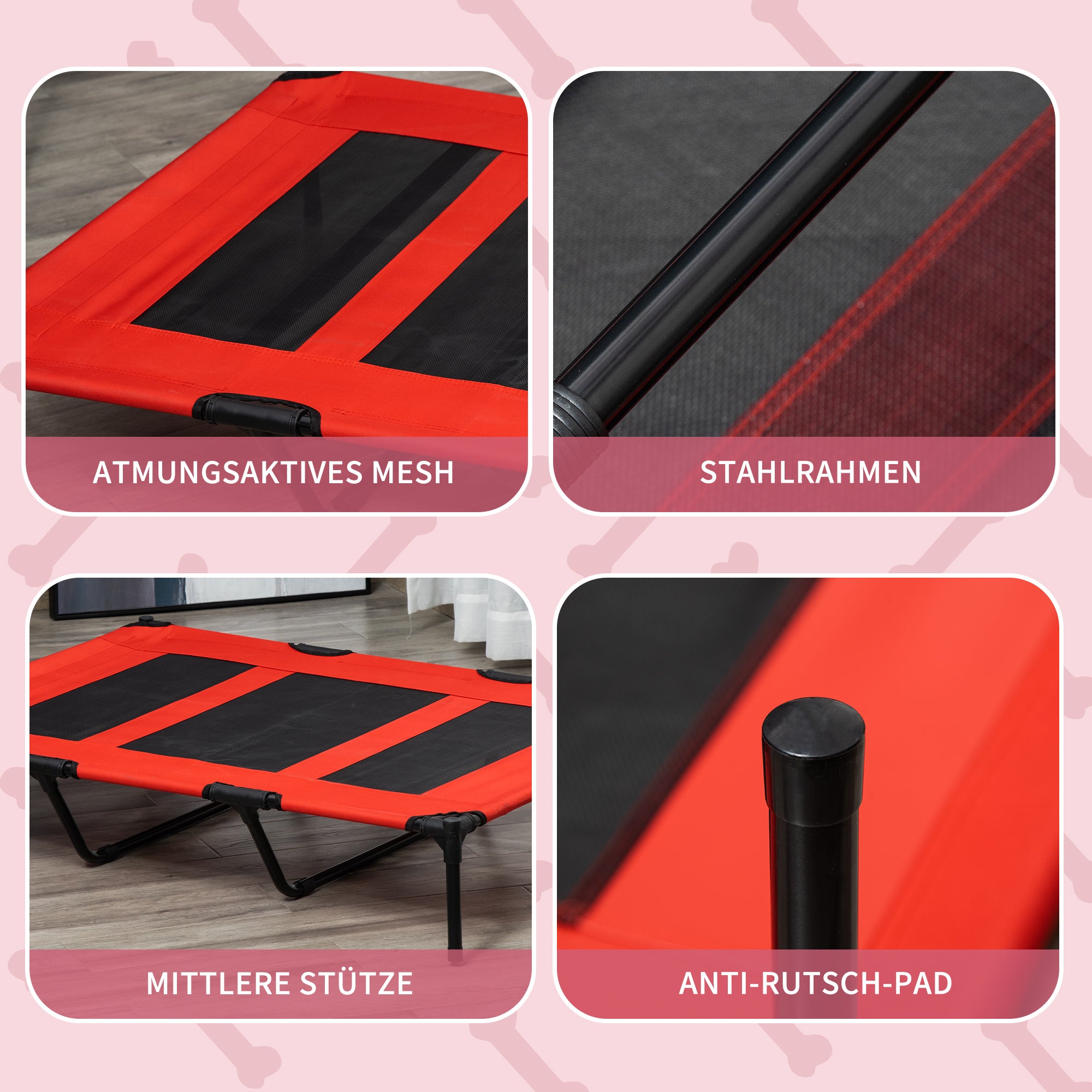 Outdoor Dog Bed, Elevated Pet Bed for Large Dogs, Cooling Pet Cot with Washable Mesh & Sturdy Metal Frame, Pet Bed for Travel Garden & Outdoor, 122 x 92 x 23 cm, Red