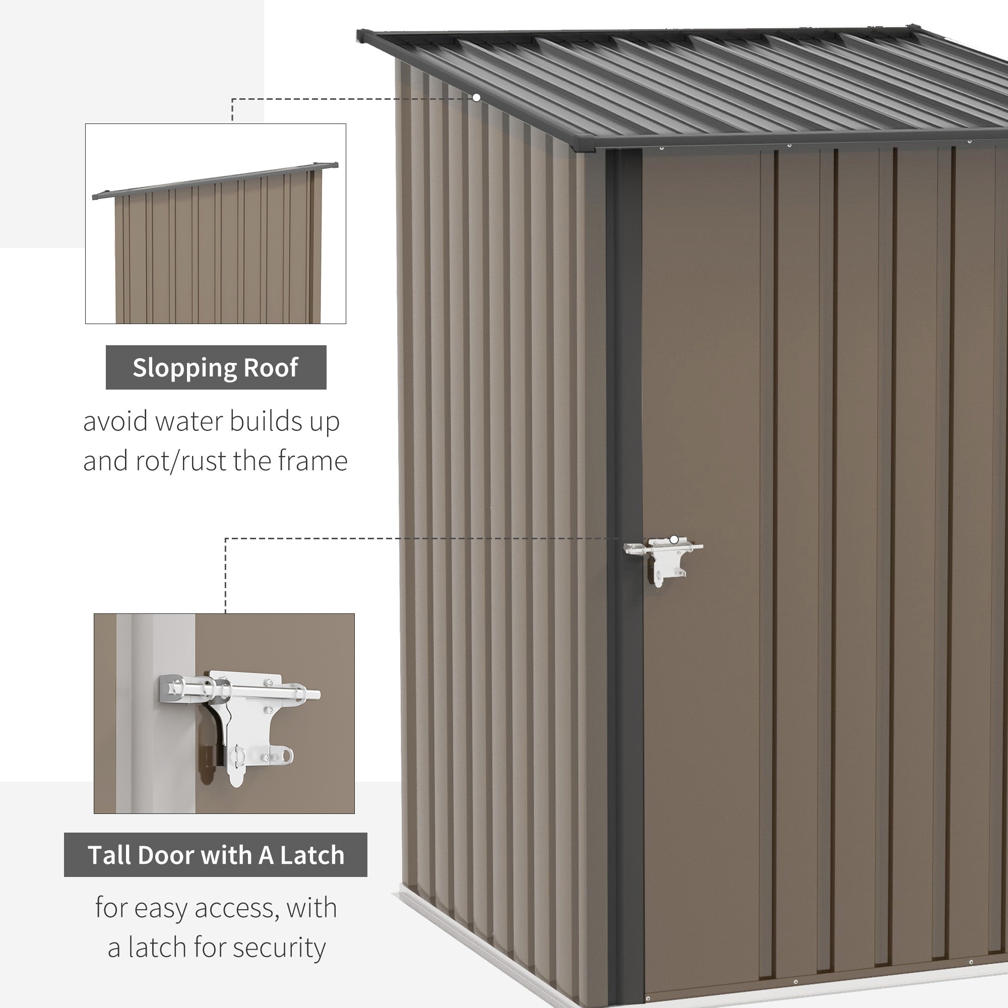 Metal Tool Shed 1.6m³ 100x103x160cm Garden Shed with Pent Roof Lockable Door Weatherproof Outdoor Storage Cabinet for Garden Yard, Brown