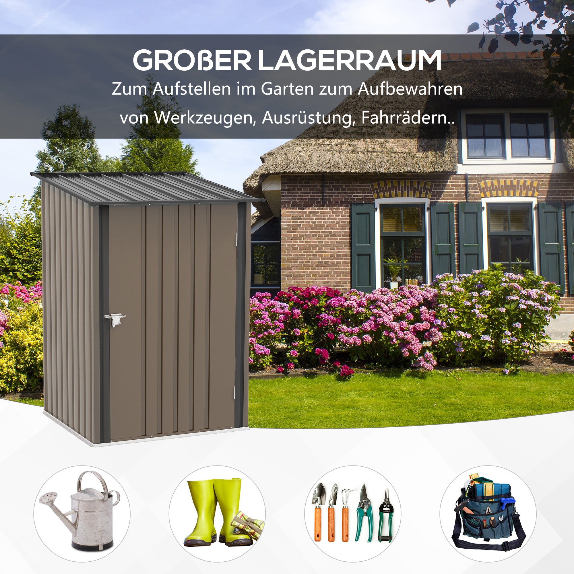 Metal Tool Shed 1.6m³ 100x103x160cm Garden Shed with Pent Roof Lockable Door Weatherproof Outdoor Storage Cabinet for Garden Yard, Brown