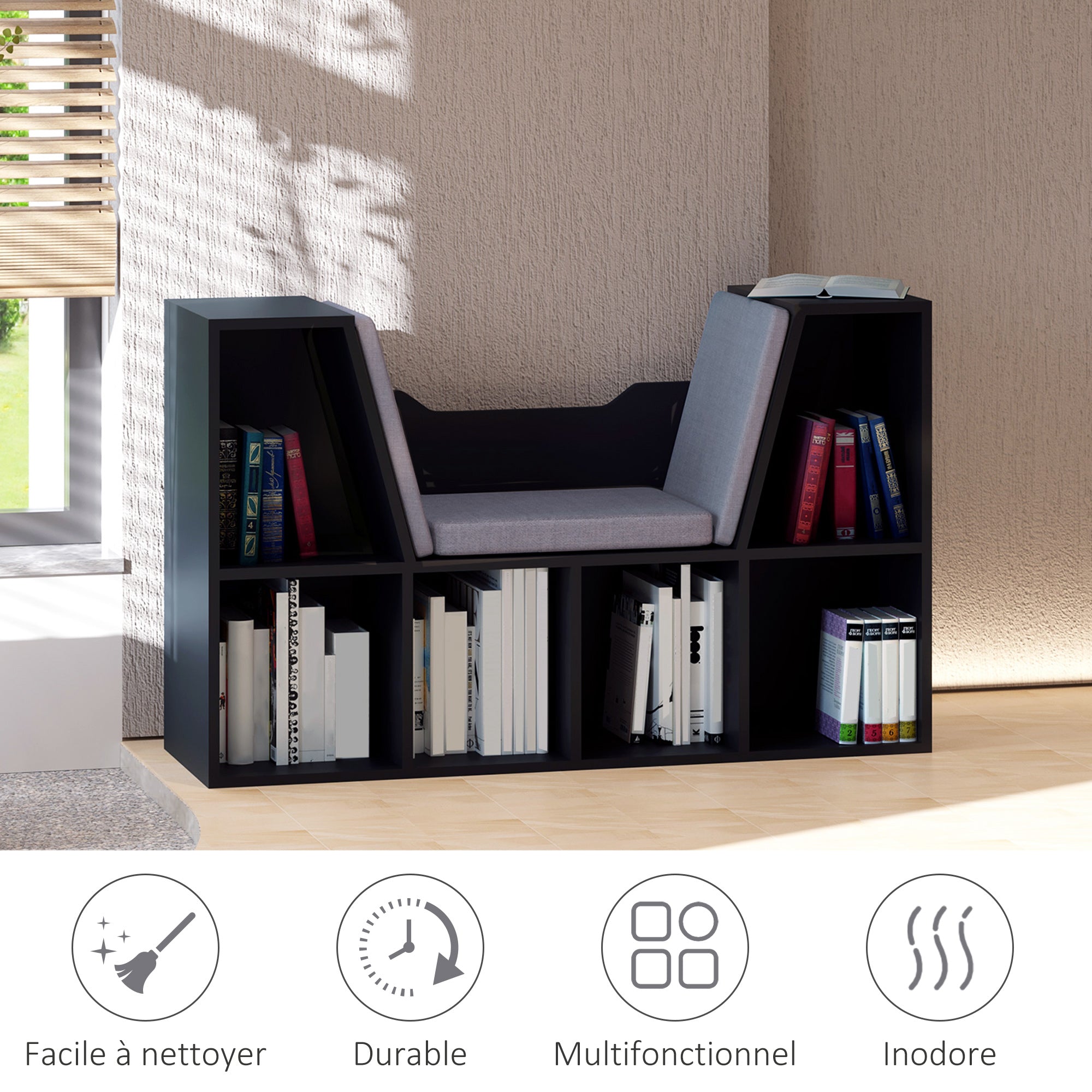 Contemporary Design 2-in-1 Bookshelf Bench with 6 Compartments and 3 Cushions 102L x 30W x 61H cm Black Gray