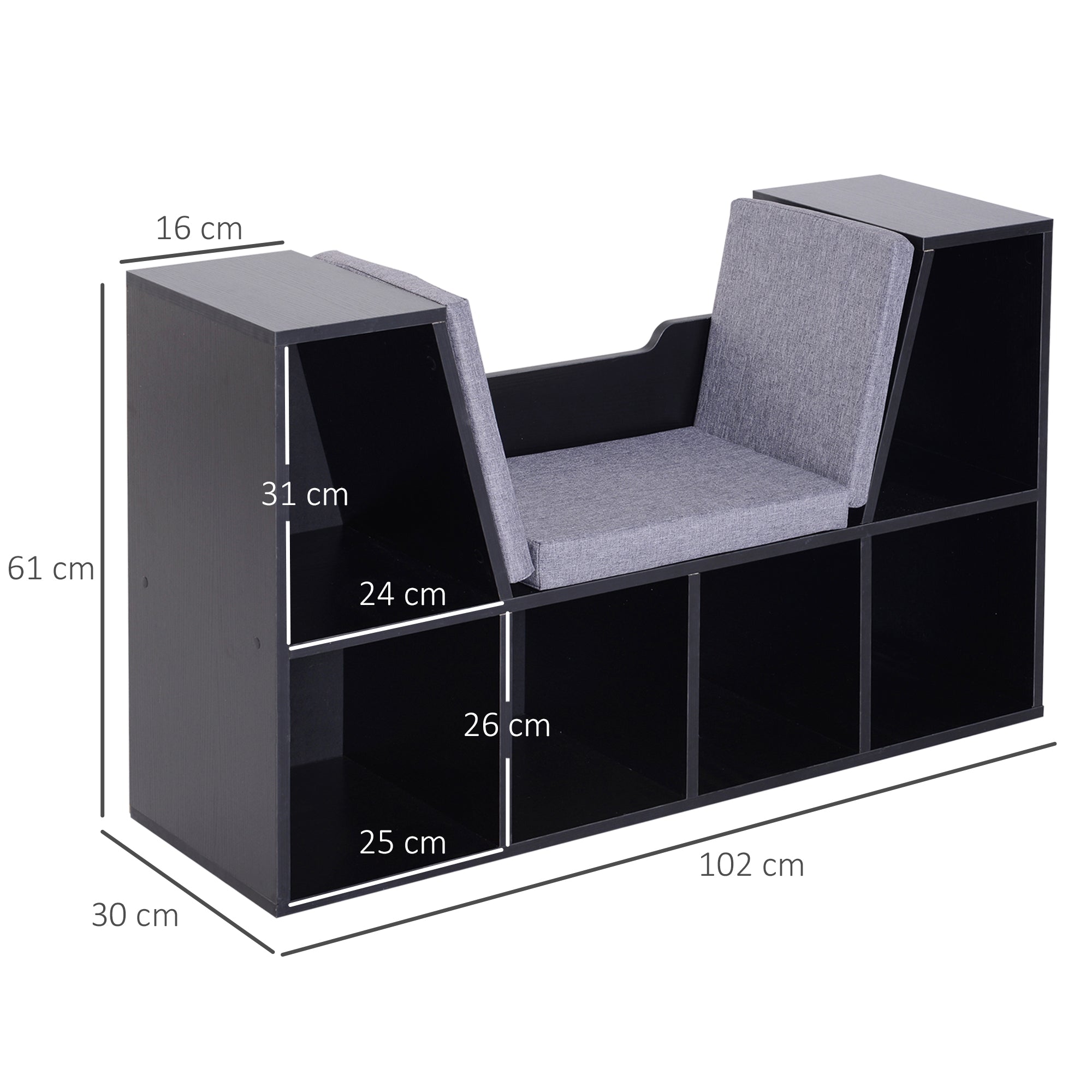 Contemporary Design 2-in-1 Bookshelf Bench with 6 Compartments and 3 Cushions 102L x 30W x 61H cm Black Gray
