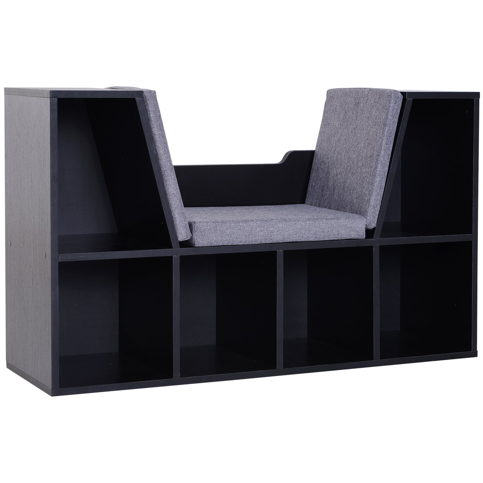 Contemporary Design 2-in-1 Bookshelf Bench with 6 Compartments and 3 Cushions 102L x 30W x 61H cm Black Gray