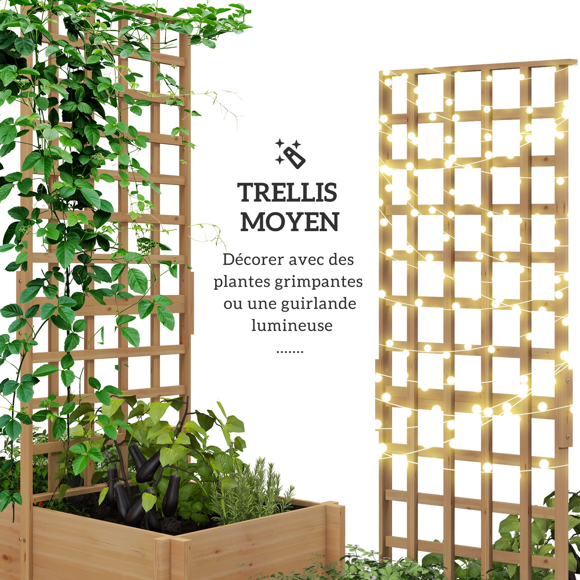 Planter with Trellis, Flower Box with Liner, Raised Wooden Planter for Climbing Plants, Vegetables - 100 x 60 x 150 cm Natural