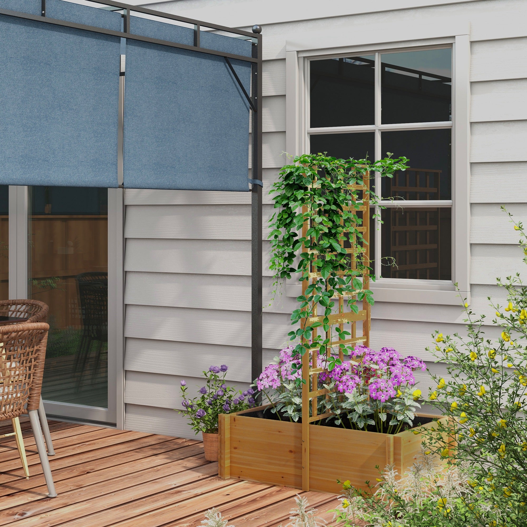 Planter with Trellis, Flower Box with Liner, Raised Wooden Planter for Climbing Plants, Vegetables - 100 x 60 x 150 cm Natural