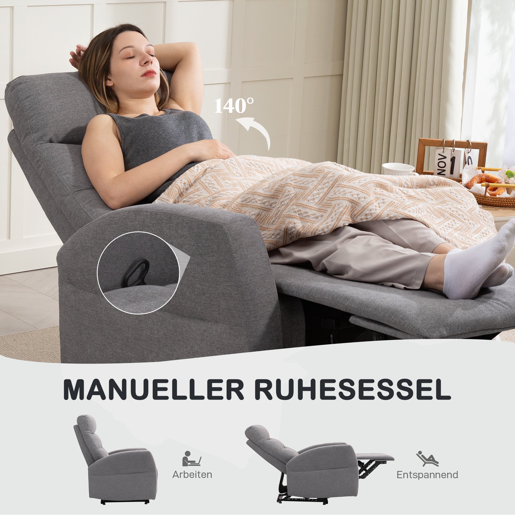 Recliner Chair, TV Armchair with Reclining Function, Padded TV Chair with Footrest, Linen Look Relax Chair for Living Room, Bedroom up to 150 kg, Dark Grey